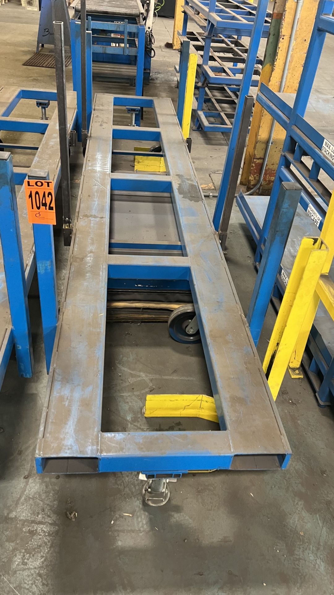 Steel frame mobile beam conveyance platform w/ heavy duty casters, 4-posts, foot lock