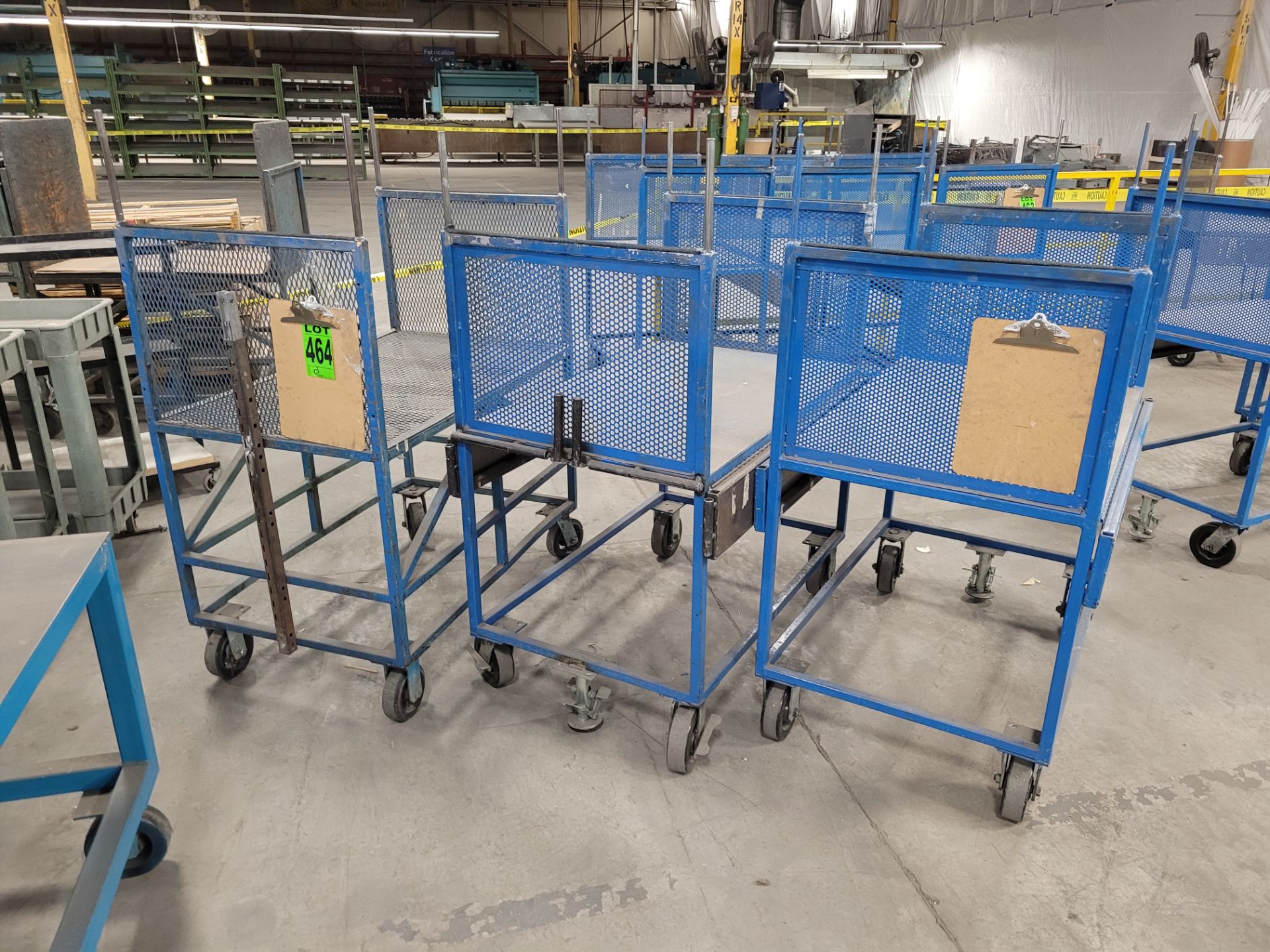 Lot of (3) steel-lattice carts w/handles, casters, wheel lock, (2 w/ expandable sides and floor lock