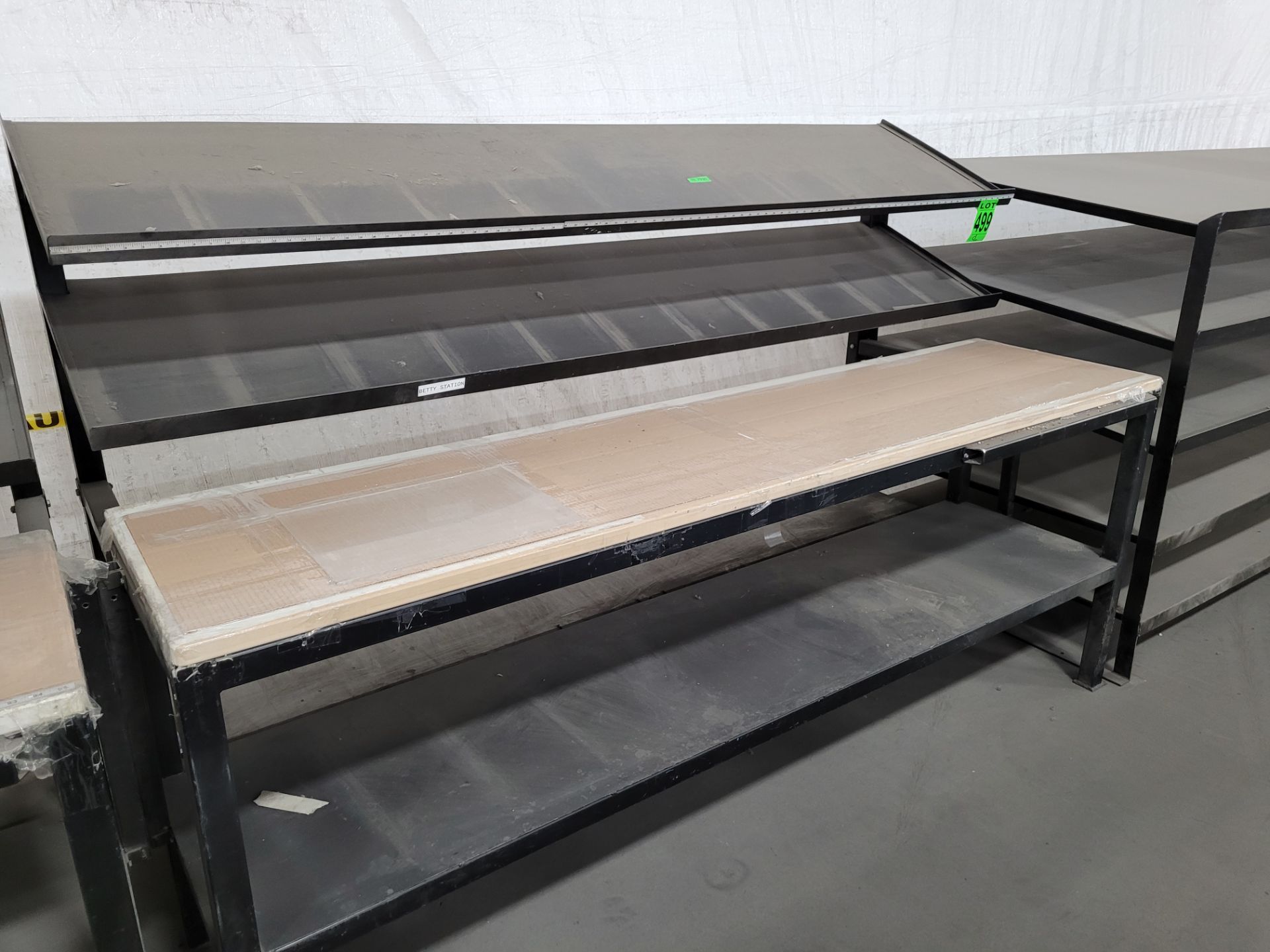 Steel frame 2-level inspection table with wood surface, 2 inclined backboard shelves