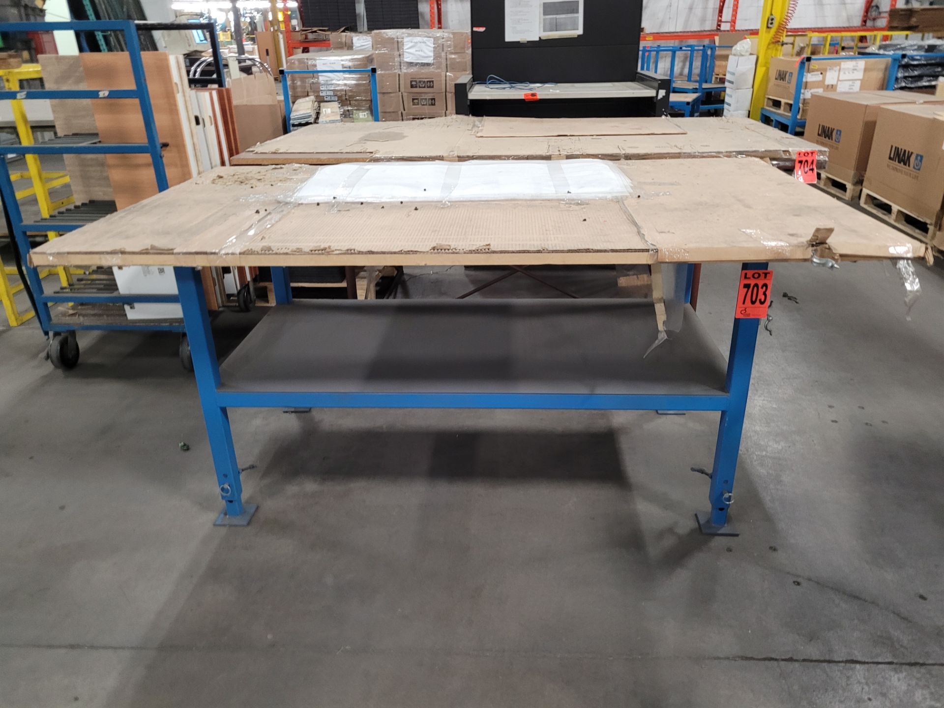 2-level steel frame worktable w/ composite and plywood surface