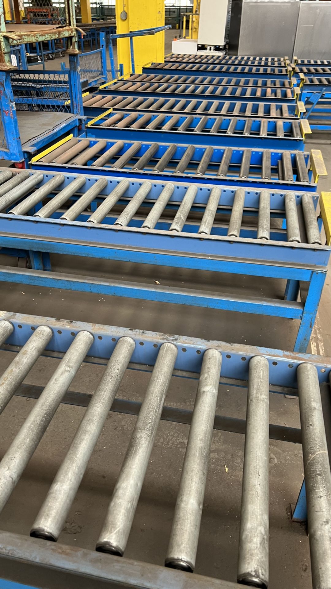 Lot of (9) steel frame fixed manual roller conveyor sections w/ adj/ bumper bars - Image 5 of 5