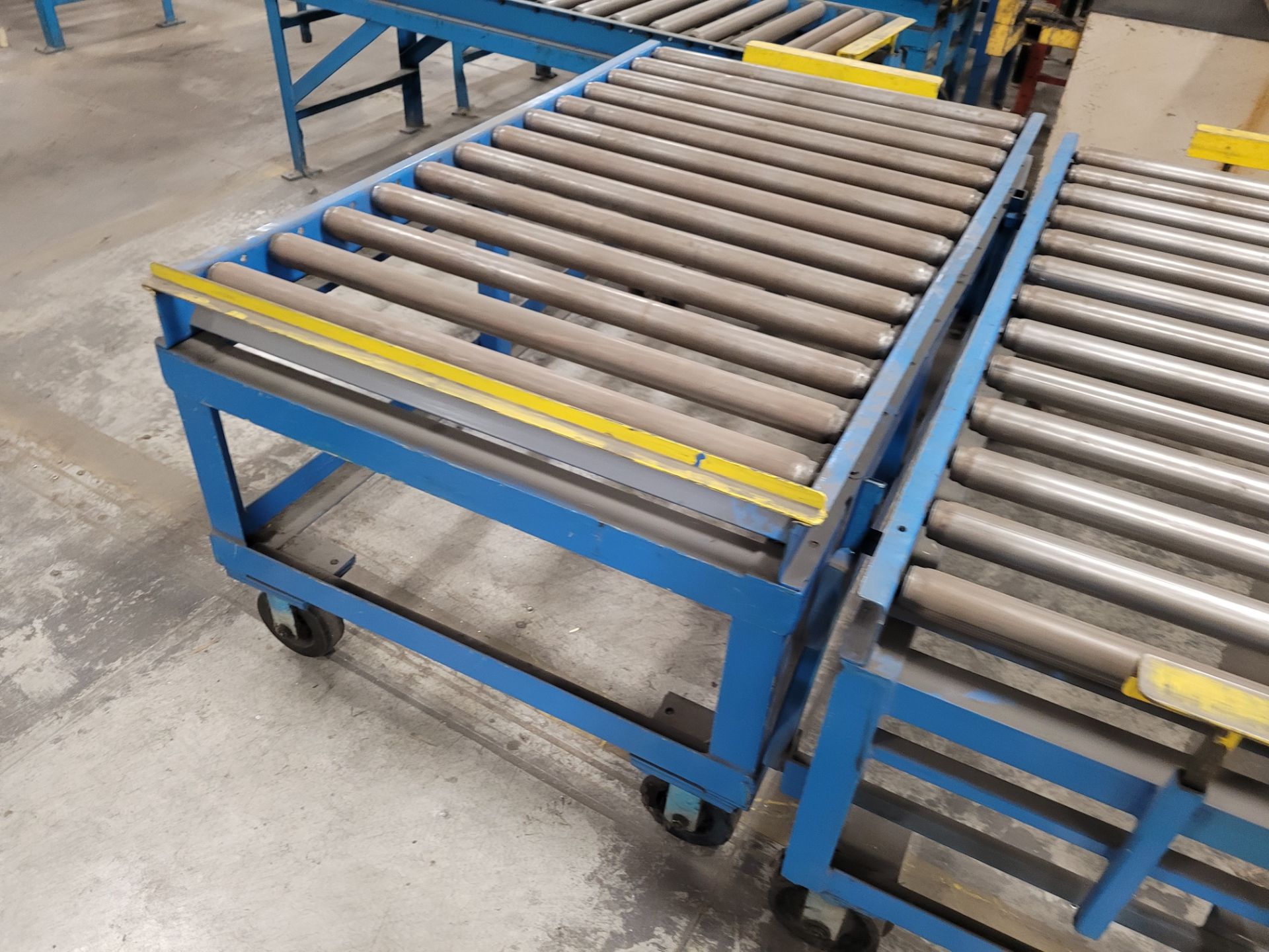 Lot of (4) steel frame manual roller conveyors, ea. w/(2) casters and (2) rail wheels, w/ adjustable - Image 6 of 13