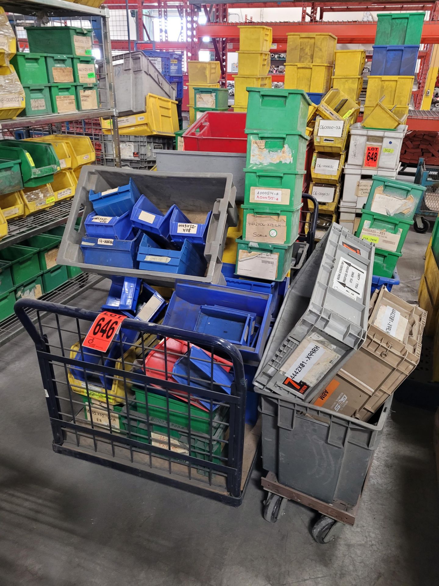 Lot of (2) platform carts, (1) w/ handle and contents incl. (30) crates, totes and parts holders - Image 2 of 2