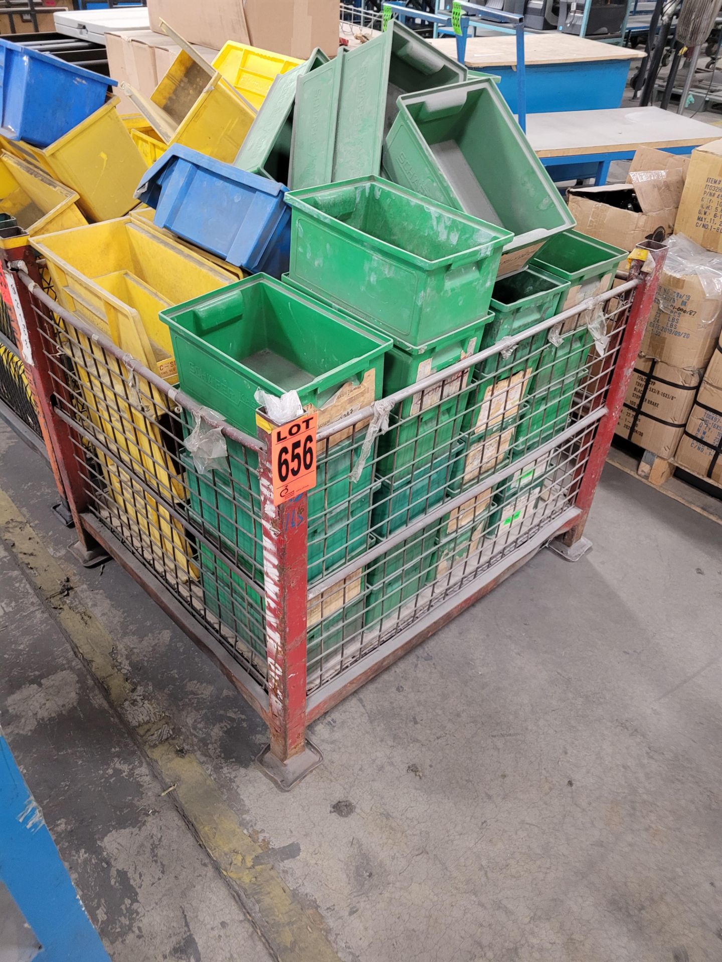 Lot of collapsible steel tote w/ contents incl. (34) plastic parts holders