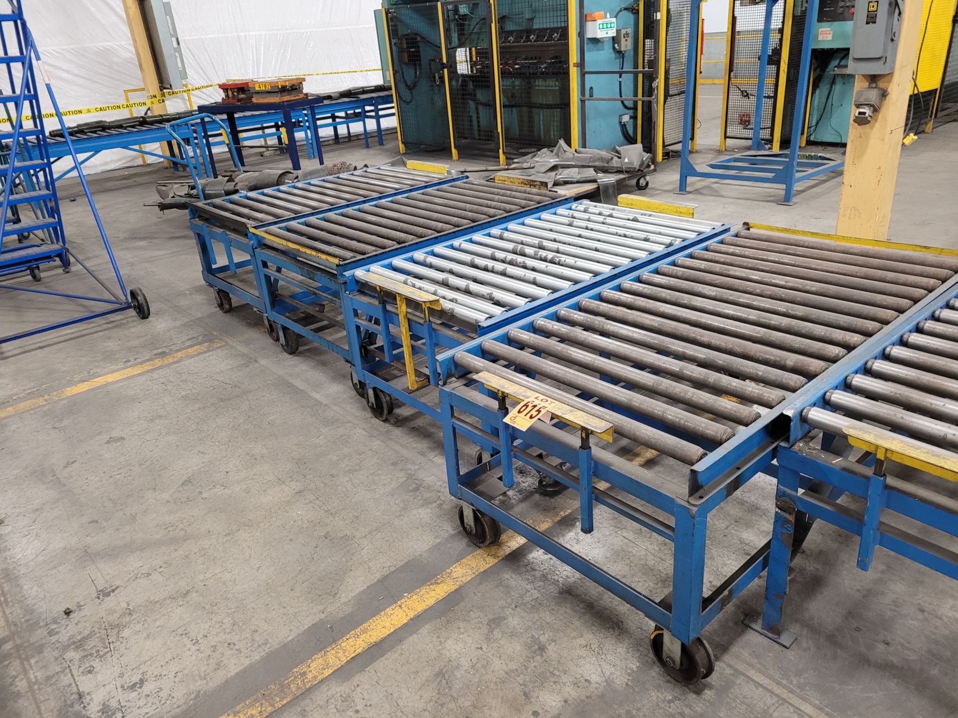 Lot of (4) Heavy-duty steel frame mobile roller conveyor, (2) w/ (4) casters, (2) w/ (2) casters and