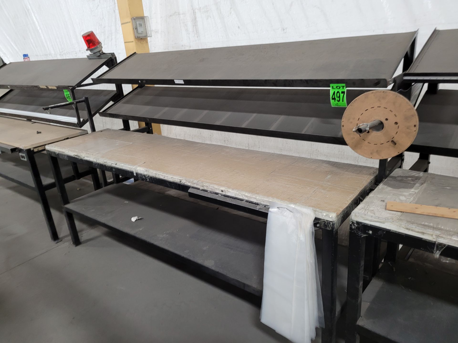 Steel frame 2-level inspection table with wood surface, 2 inclined backboard shelves