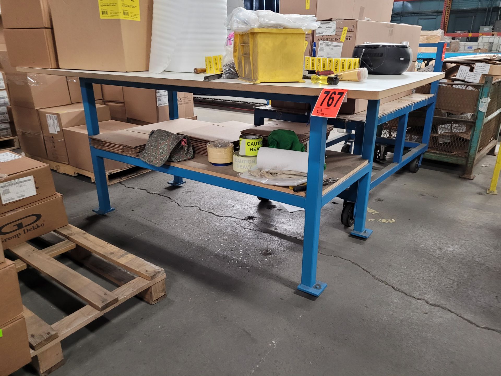 2-level steel frame worktable w/ plywood surface