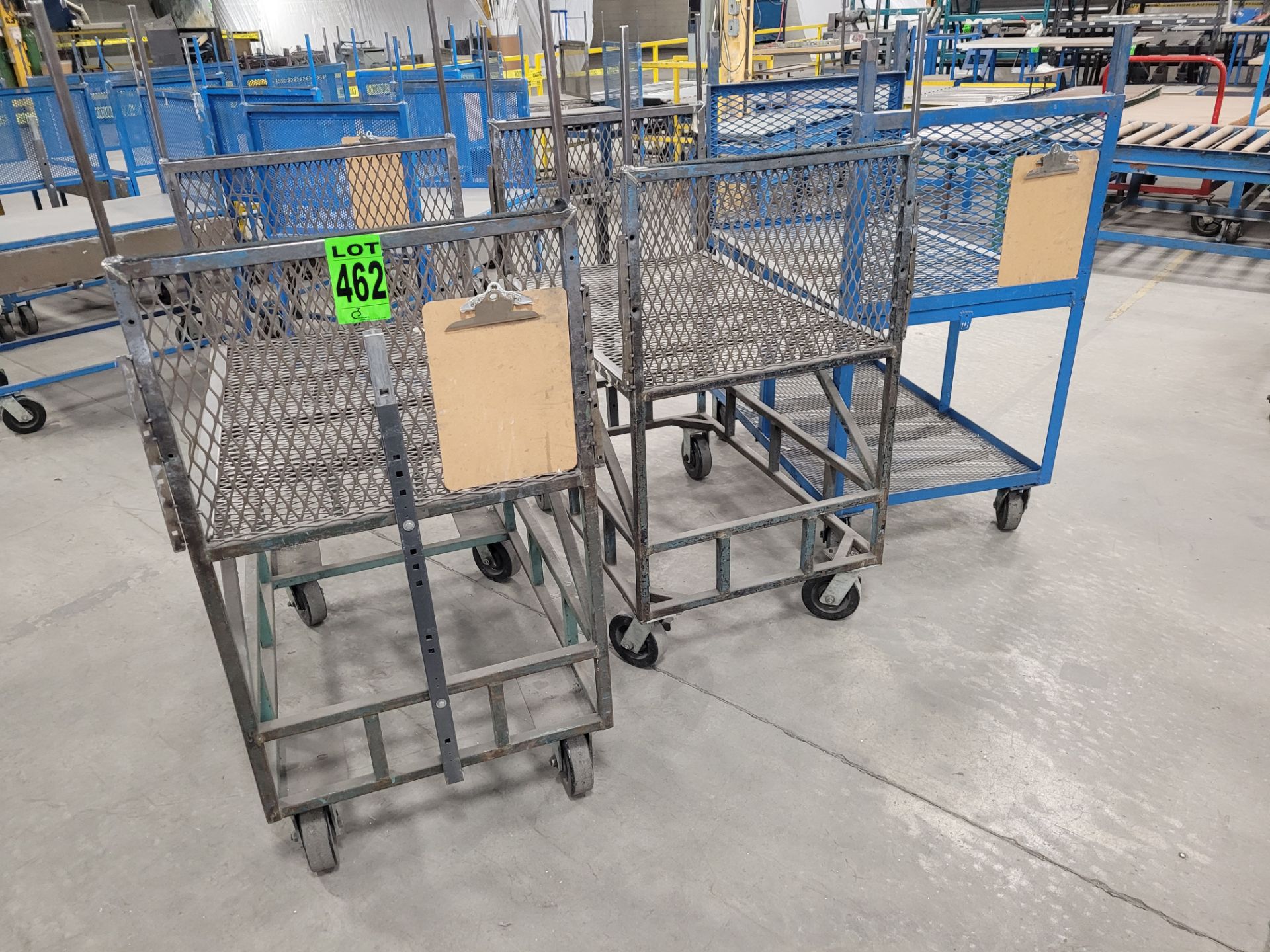 Lot of (3) steel-lattice carts w/ casters, (1) w/ shelf, 2-sided