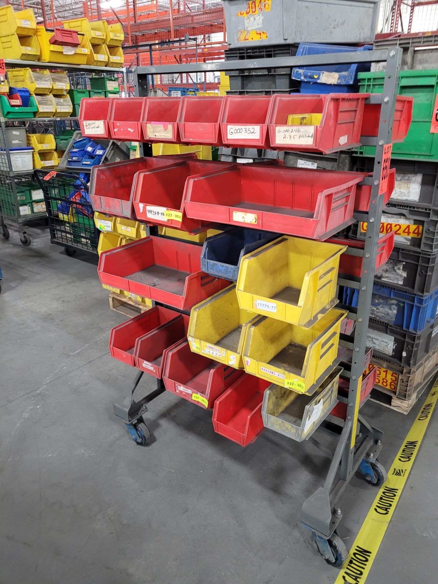 Steel mobile shelving unit w/ 36 plastic parts bins on locking casters - Image 2 of 3