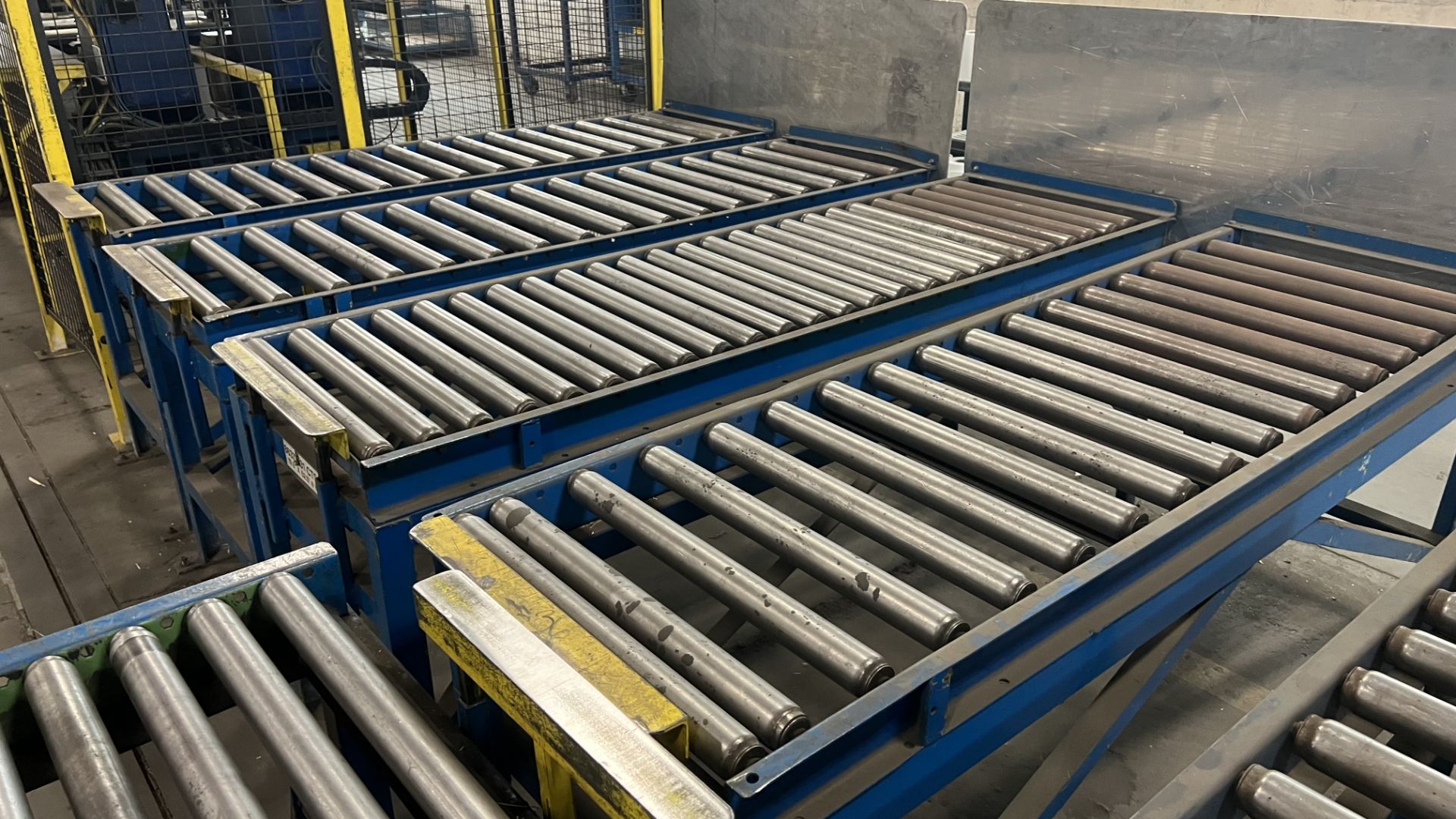 Lot of (5) steel fixed frame manual roller conveyors w/ adjustbale bumper bars, backboards, (4) 6', - Image 3 of 4