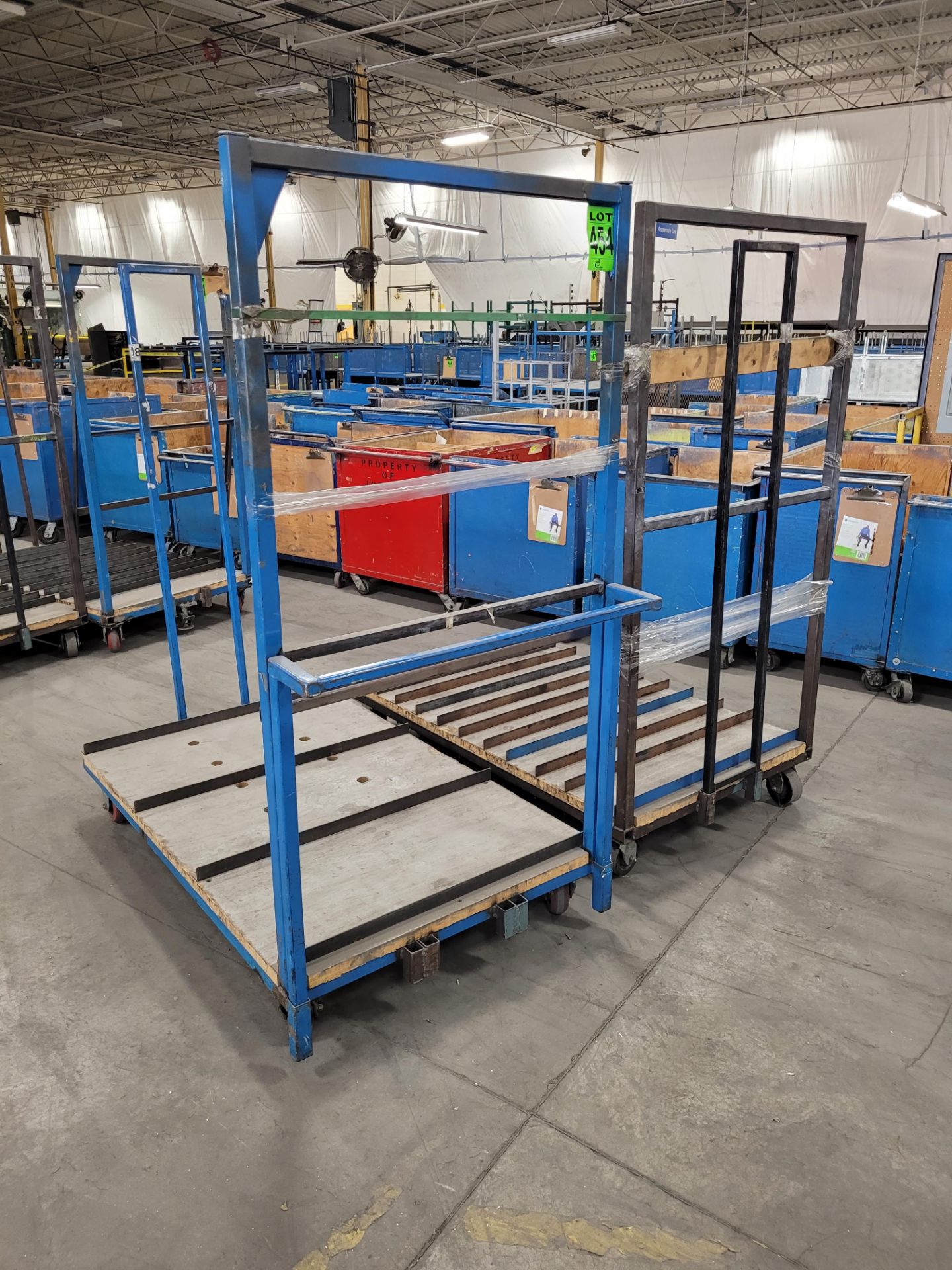 Lot of (2) steel carts, (1) w/ 9 steel dividers, (1) w/3 steel dividers, casters, removable steel si