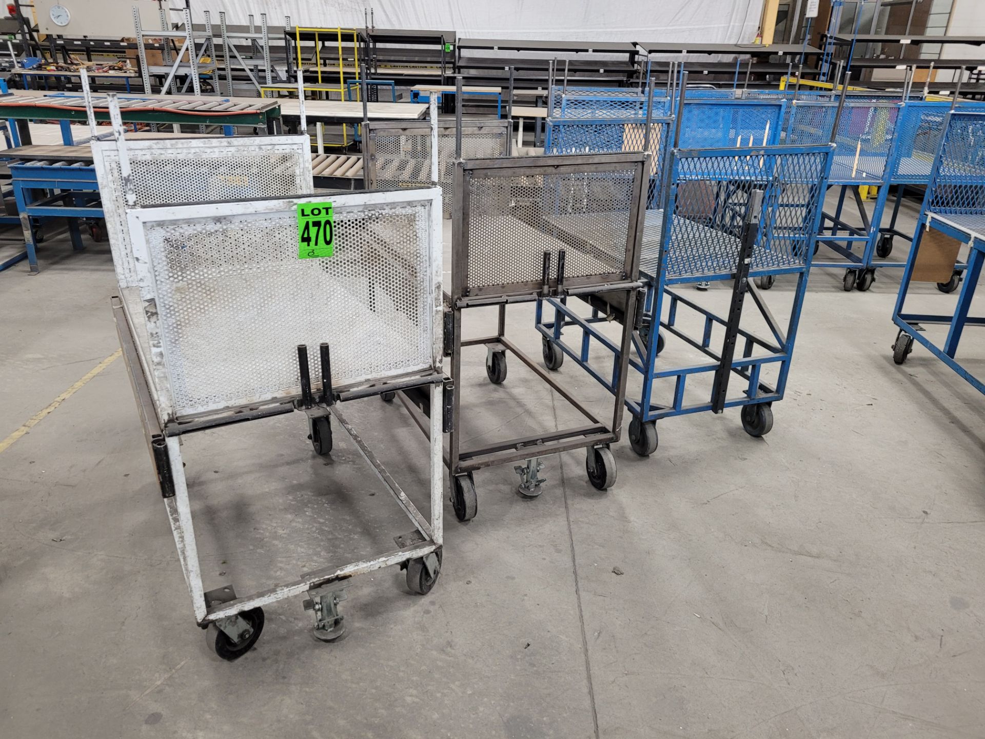 Lot of (3) steel-lattice carts w/handles, casters, wheel lock, (2) w/ expandable sides and floor loc