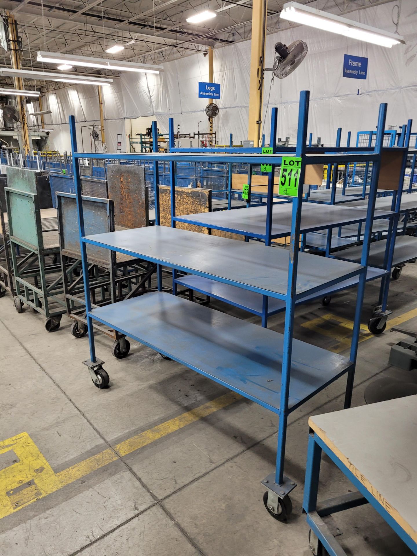 3-level mobile steel shelf on casters, 2' x 5' x 5' w/handles