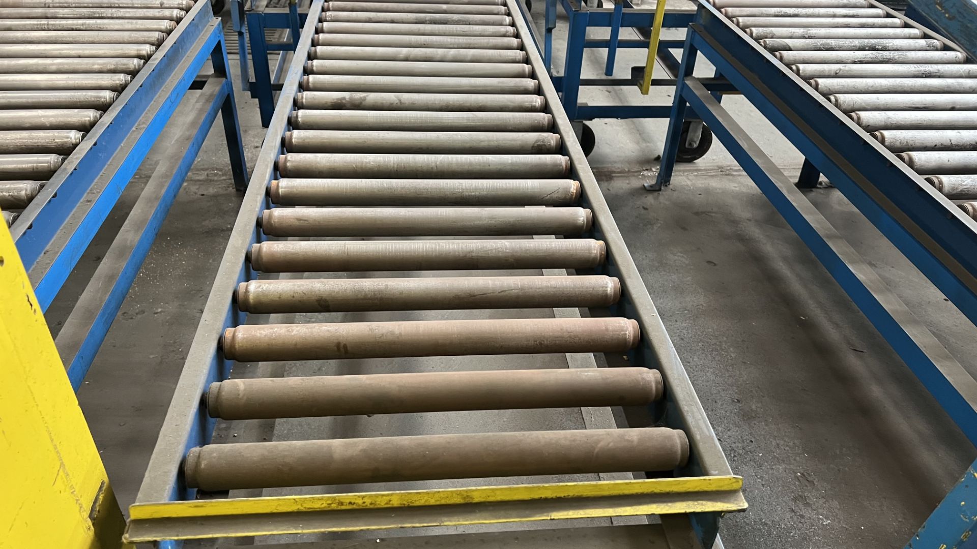 Lot of (9) steel frame fixed manual roller conveyor sections w/ adj/ bumper bars - Image 3 of 5