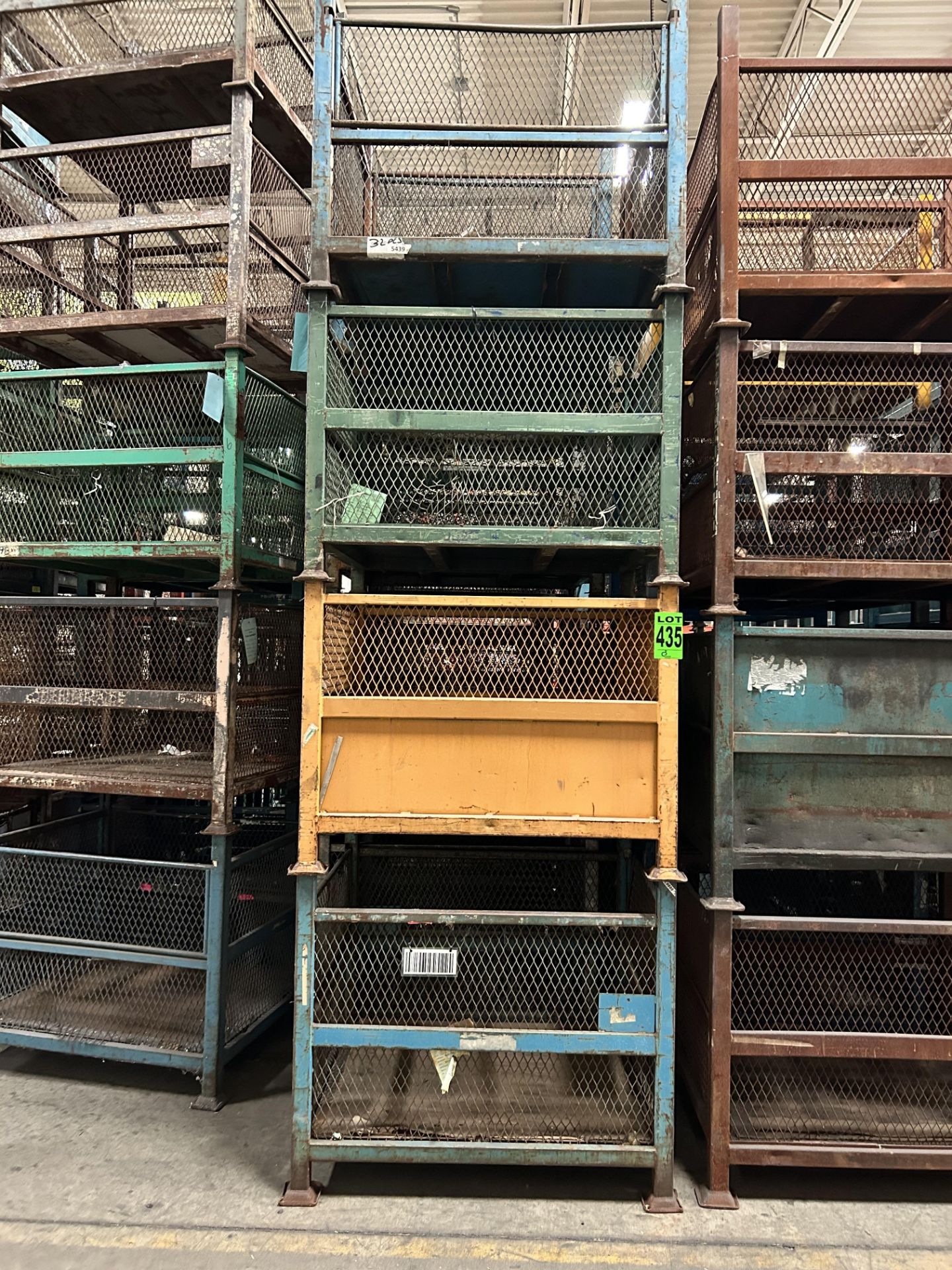 Lot of (4) metal-stacking baskets, corrugated, w/ half-gate