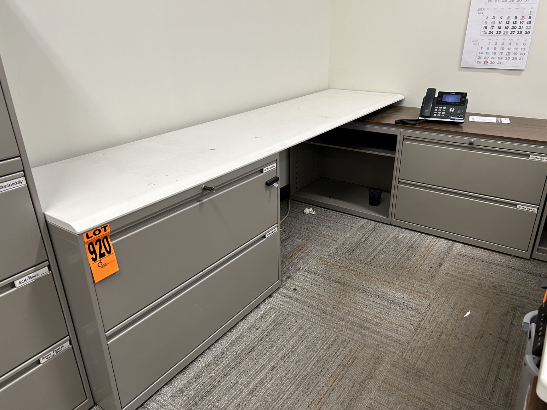 Lot of office furniture incl. (3) 2-level filing cabinets and work surfaces, L-shape