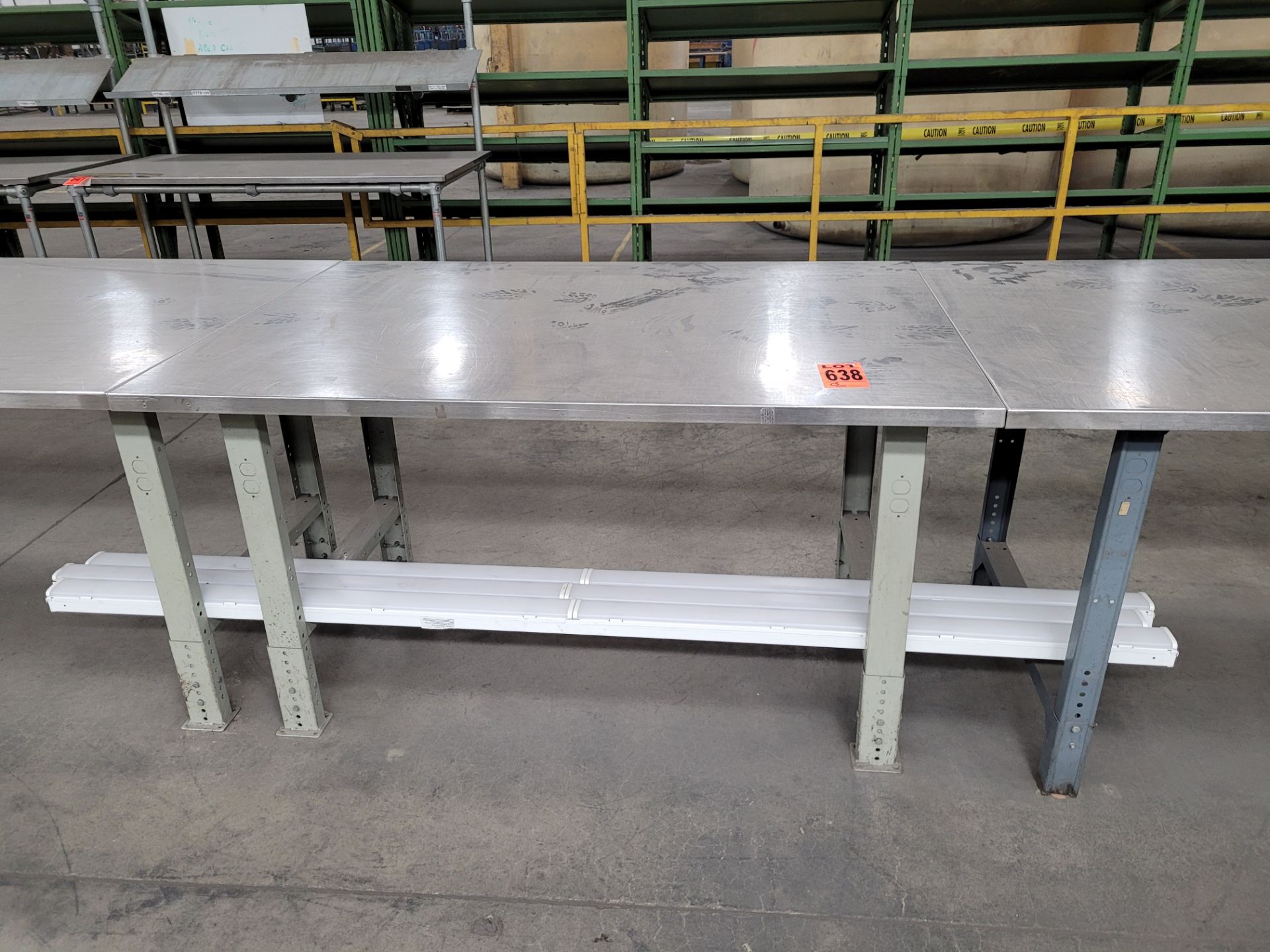 Lot of (3) stainless steel worktables, bolted together, metal bases - Image 3 of 4