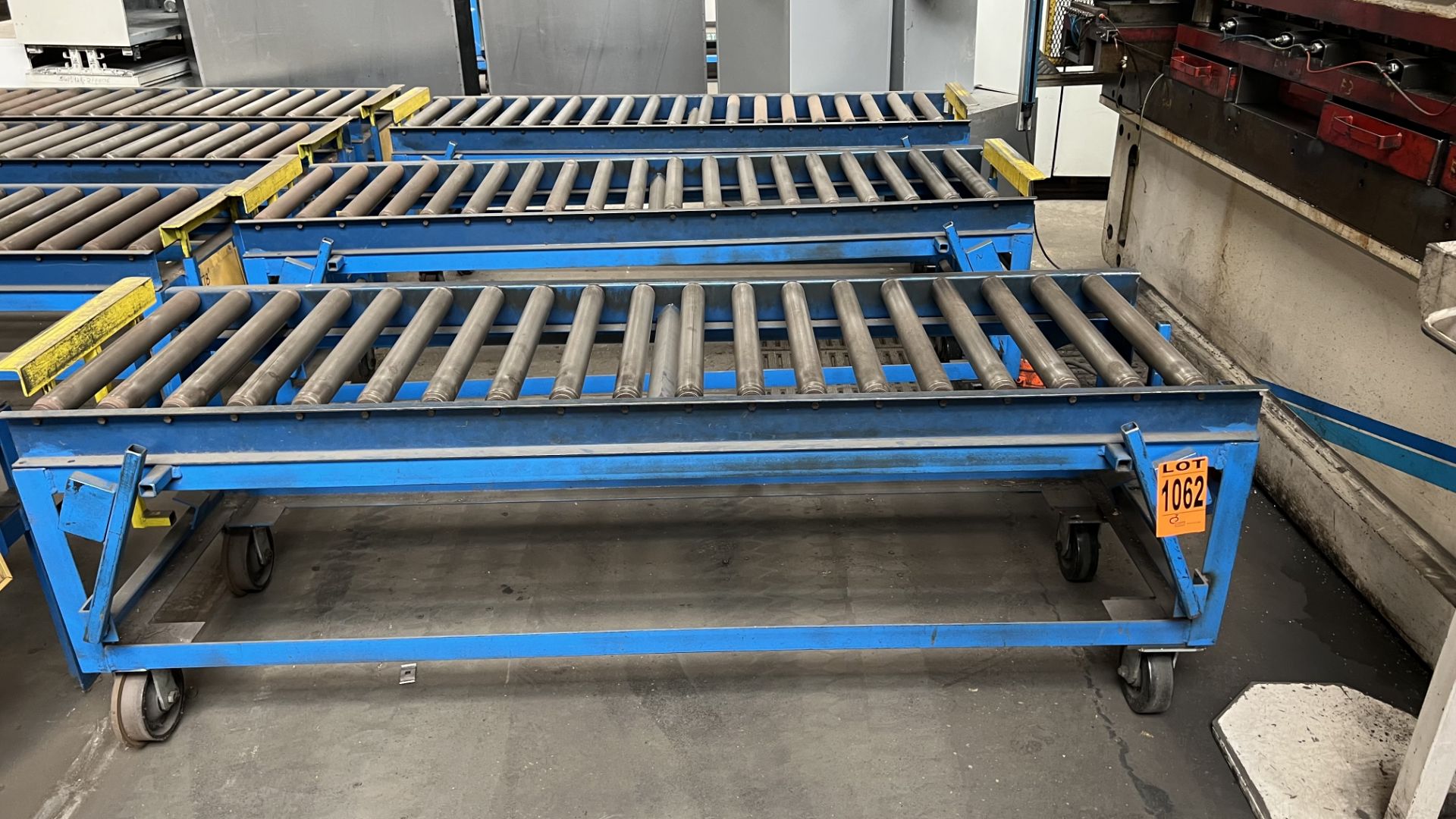 Lot of (3) steel frame manual roller conveyors on rail wheels and casters w/ adj. bumper bars - Image 2 of 2