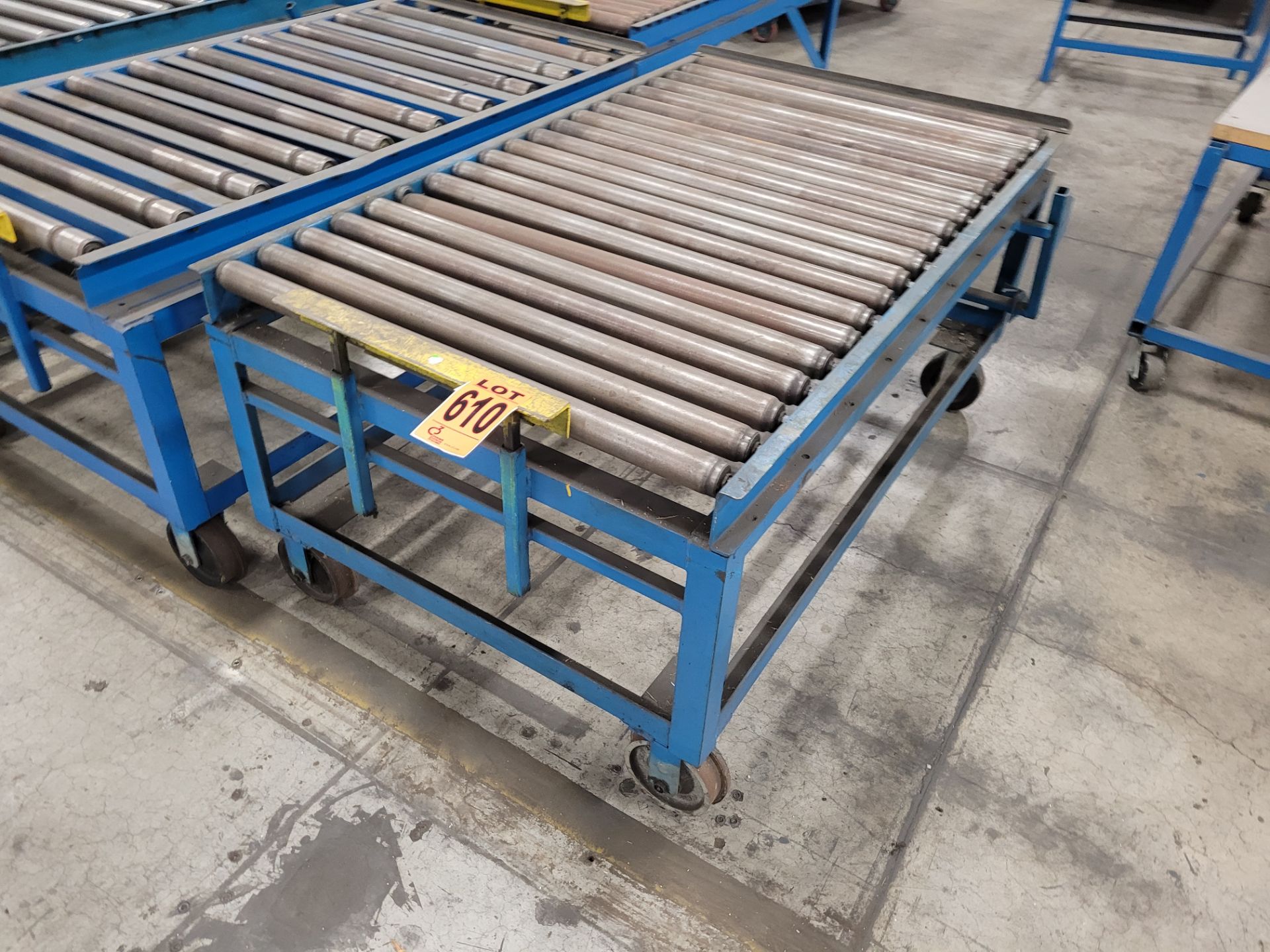 Lot of (3) Heavy-duty steel frame mobile roller conveyors, (2) casters + (2) steel rail wheels, w/ad - Image 2 of 10