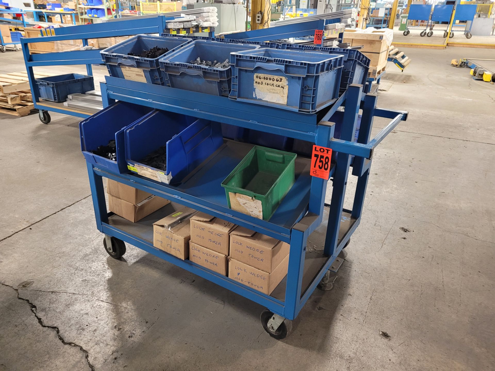 Steel frame mobile shelving unit w/ floor lock, (2) inclined shelves, floor lock, on casters, w/hand