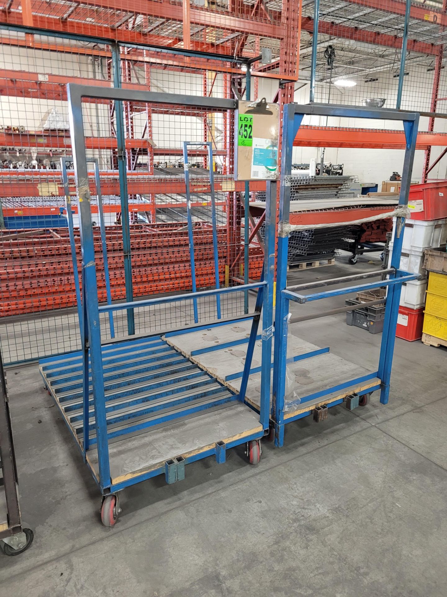 Lot of (2) steel carts, (1) w/ 9 steel dividers, (1) w/3 steel dividers, casters, removable steel si