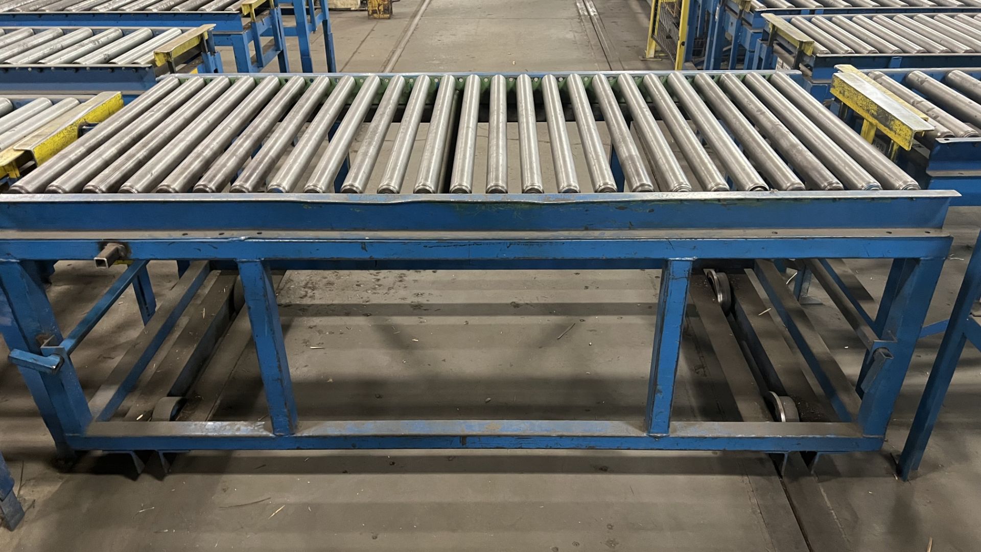 Lot of (5) steel fixed frame manual roller conveyors w/ adjustbale bumper bars, backboards, (4) 6', - Image 2 of 4