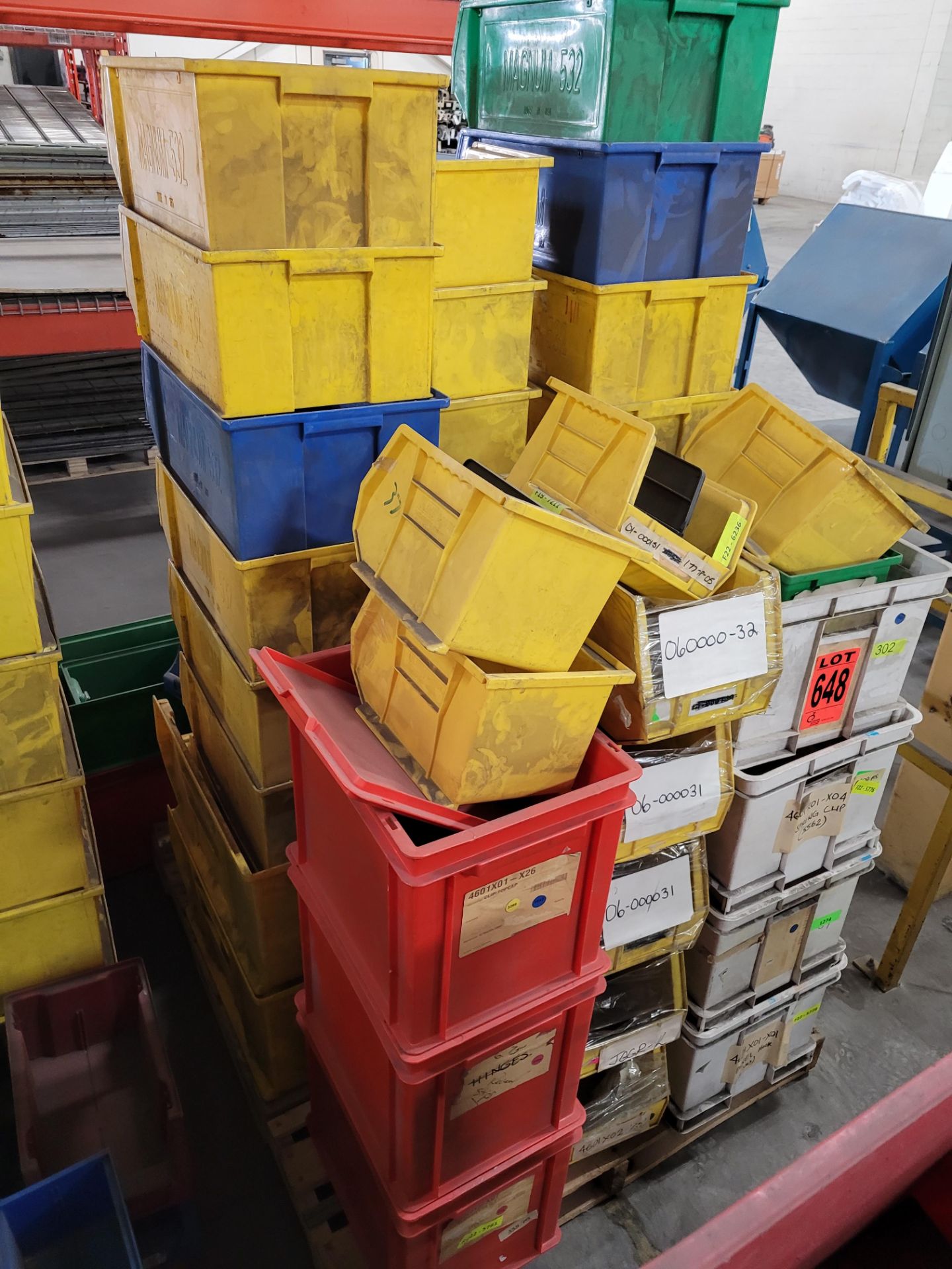 Lot of (35) assorted crates, totes and parts holders on pallet
