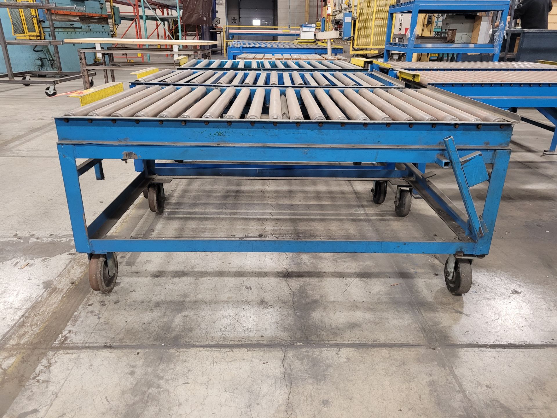 Lot of (3) Heavy-duty steel frame mobile roller conveyors, (2) casters + (2) steel rail wheels, w/ad - Image 7 of 10