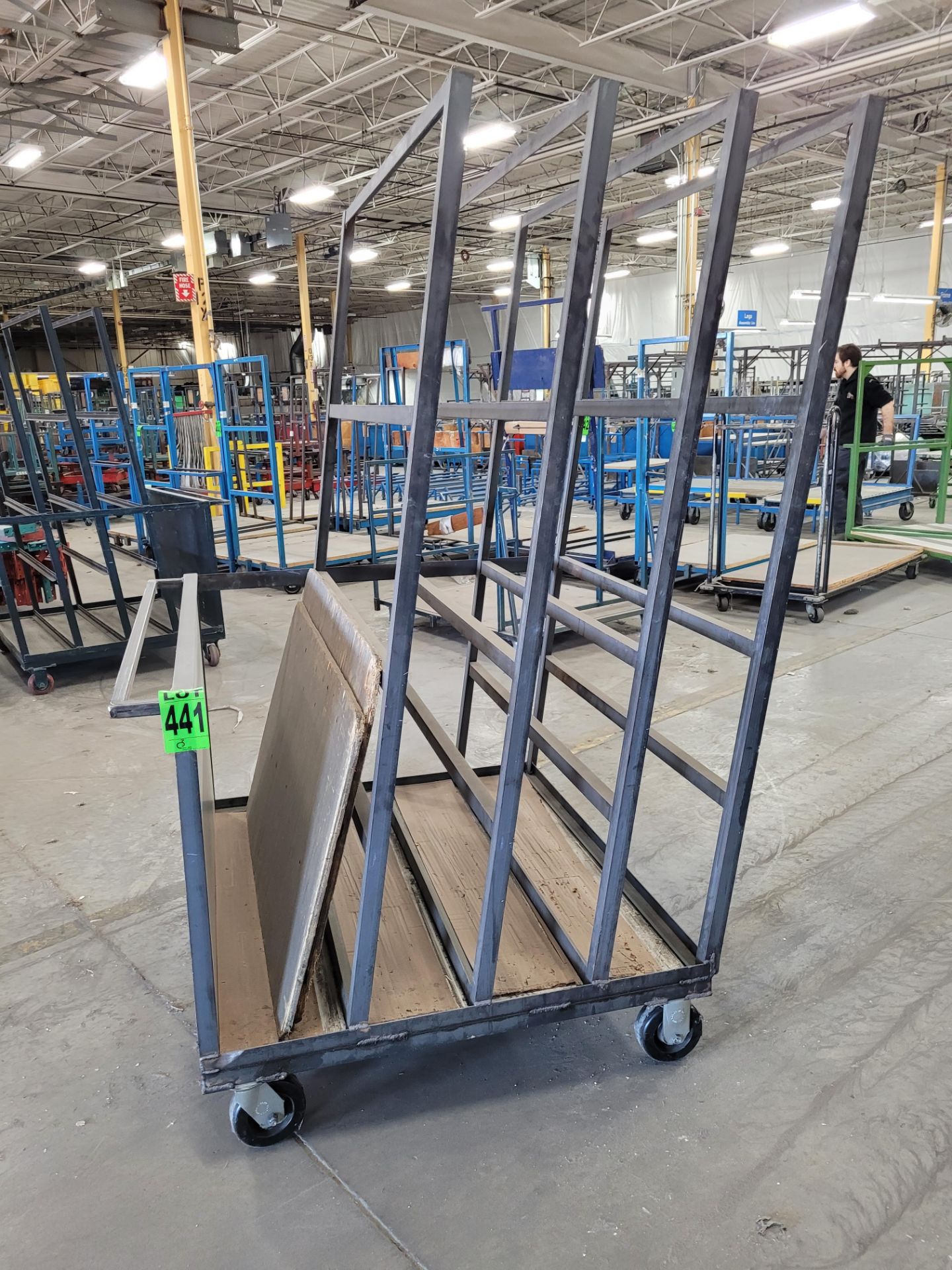 Steel frame 4-slot, 3-sided panel transfer cart w/ handle on casters, wooden base/side