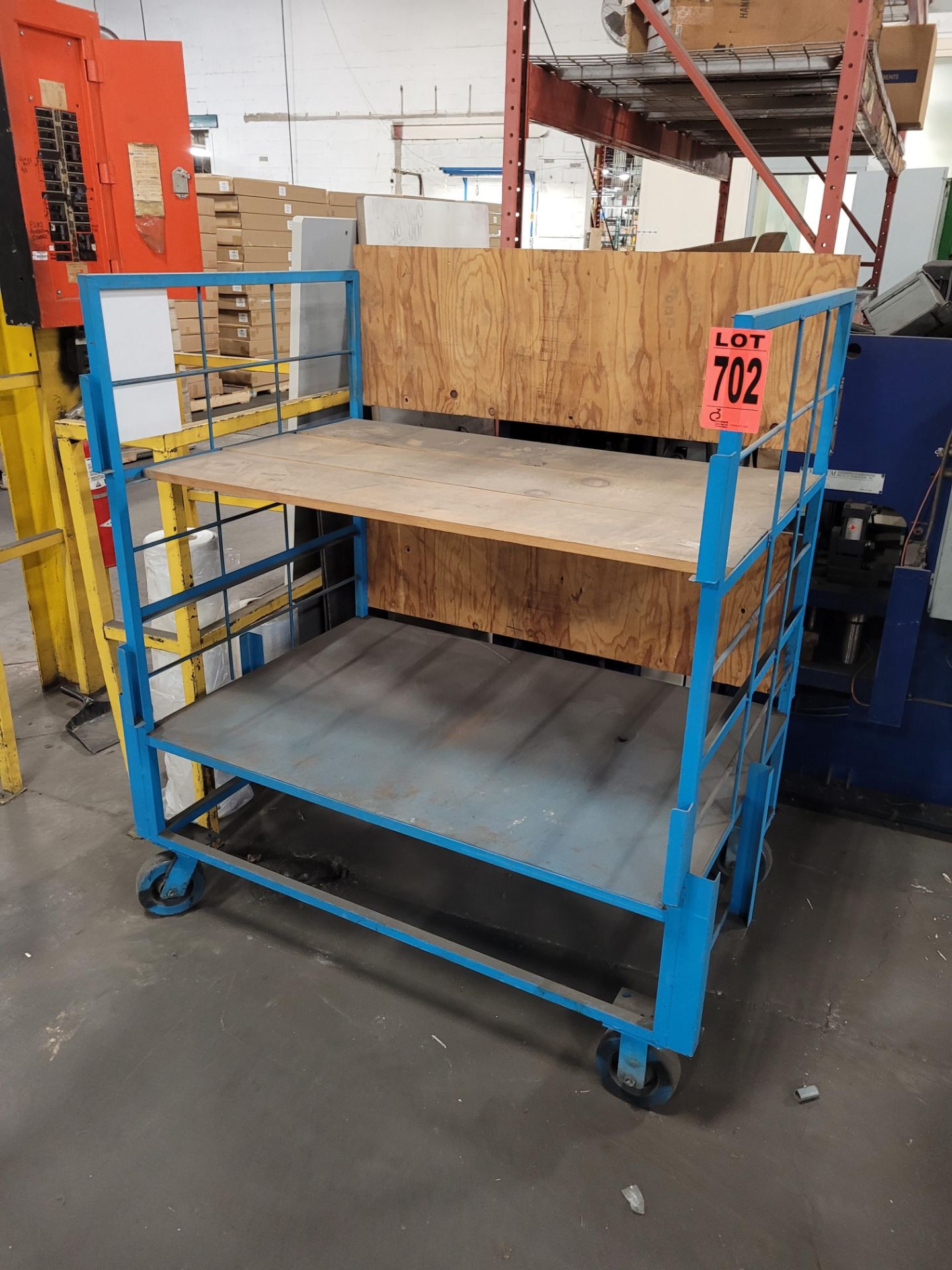 Steel frame cart w/casters, removable wood sides, steel and plywood shelves - Image 2 of 3