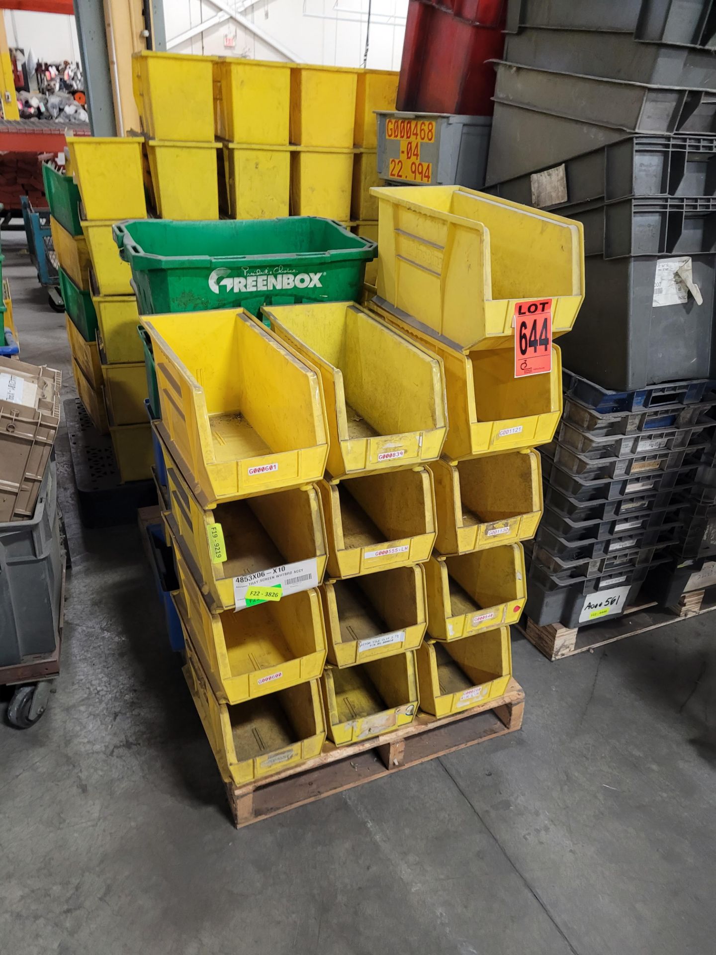 Lot of (22) assorted crates, totes and parts holders on pallet