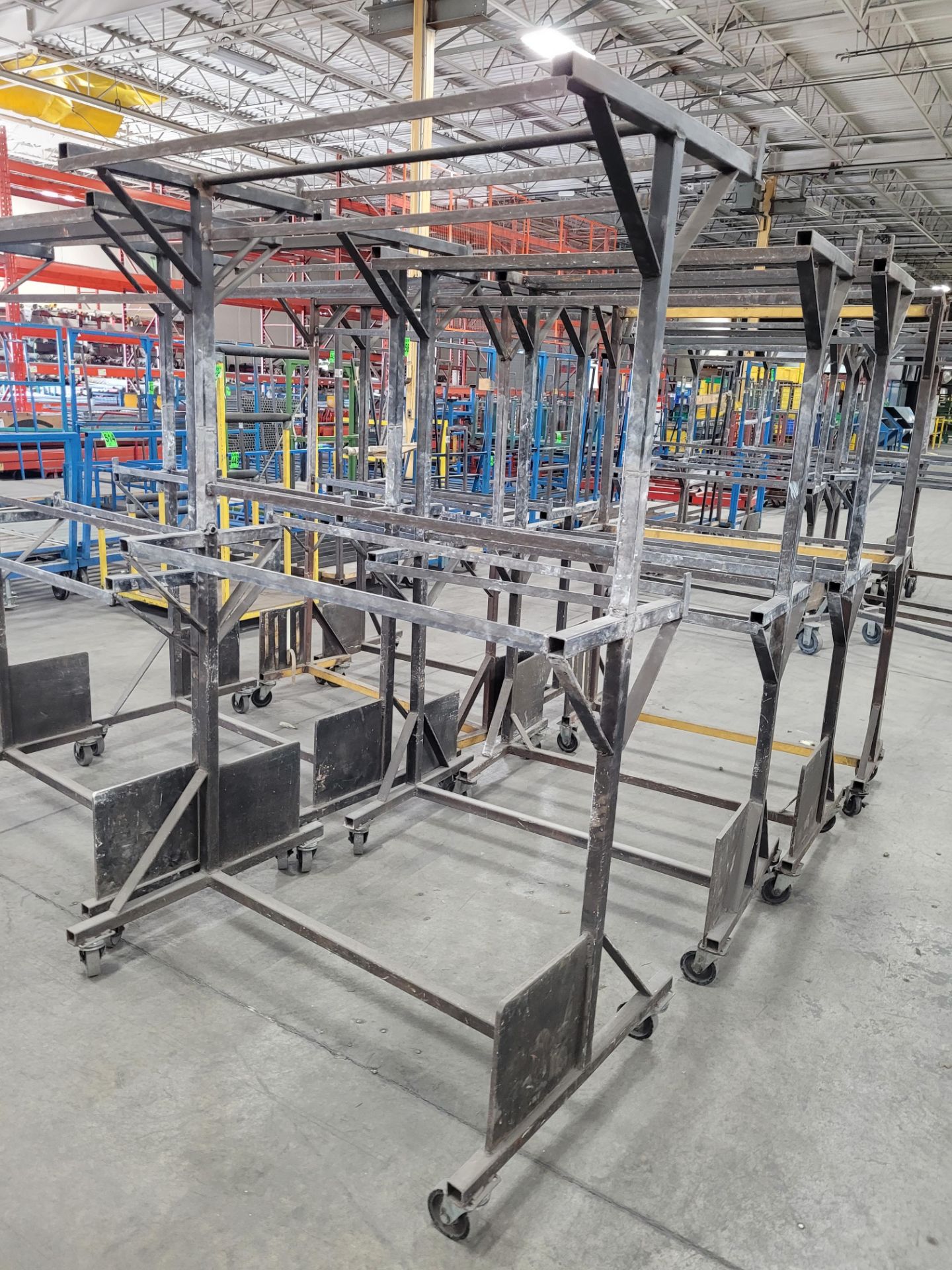 Lot of (8) mobile steel WIP racks, 2-level w/(4) 5' hanging racks, on casters - Image 2 of 6