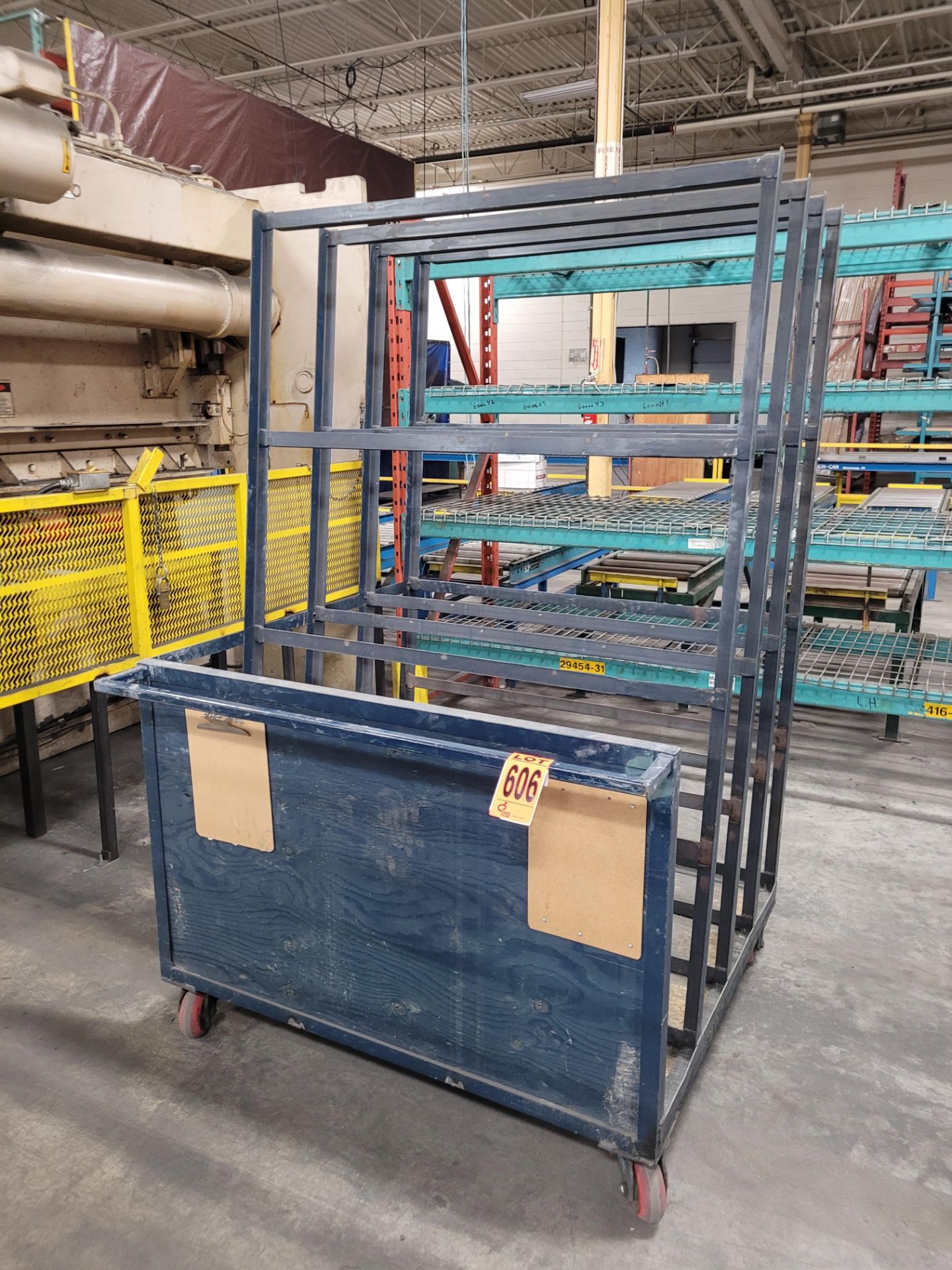 Steel frame 4-slot, 3-sided panel transfer cart w/ handle on casters, wooden base/side