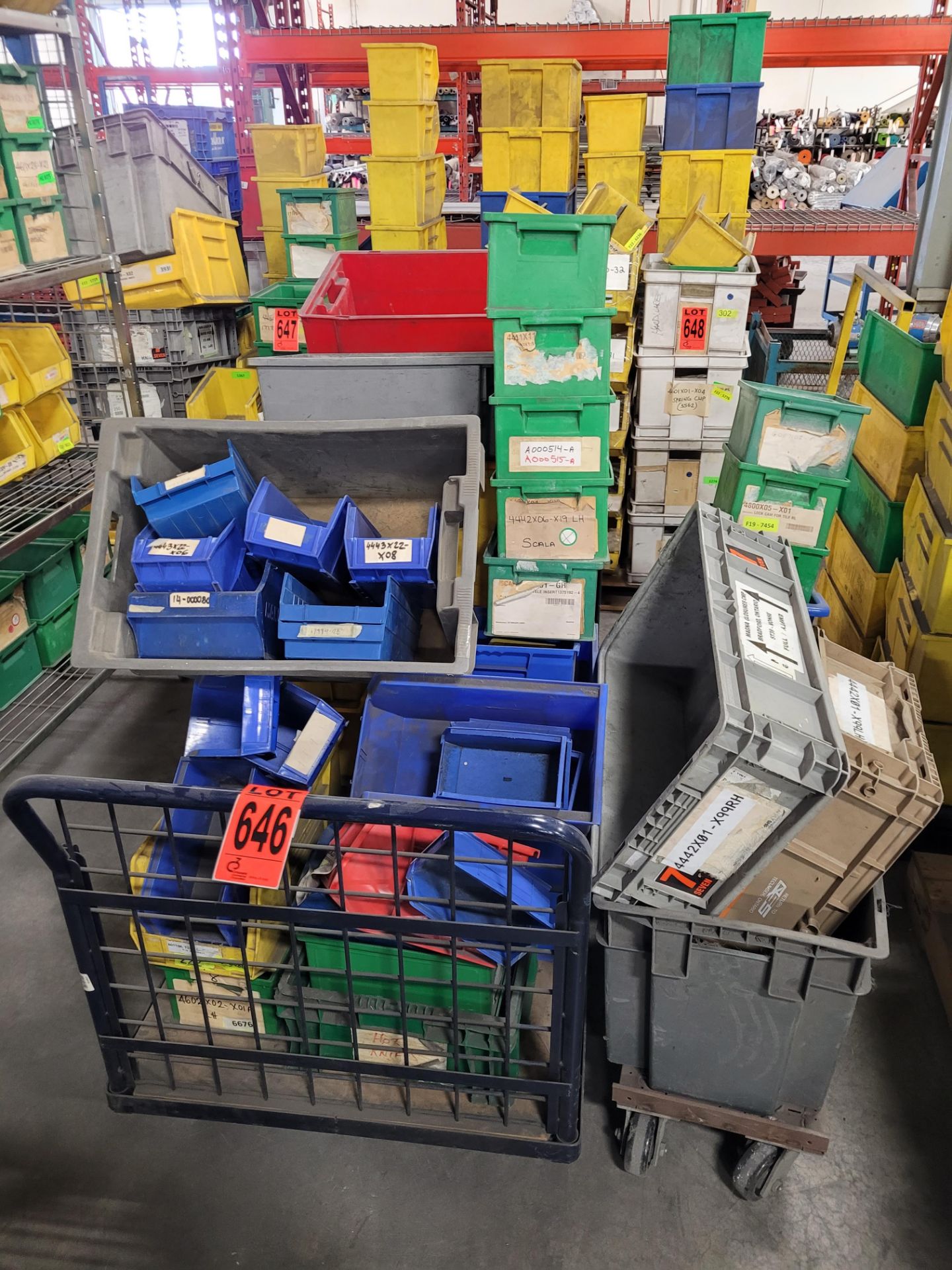 Lot of (2) platform carts, (1) w/ handle and contents incl. (30) crates, totes and parts holders