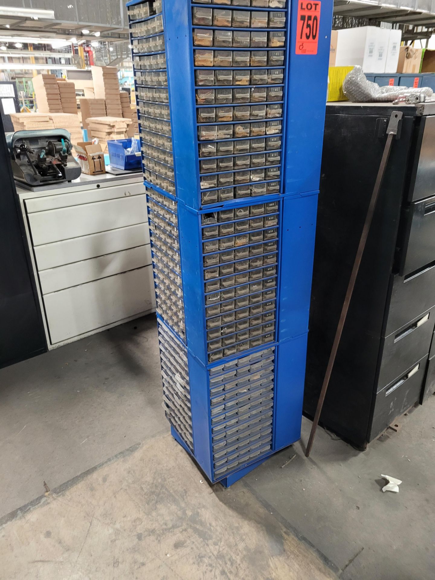 12-section steel carousel parts cabinet, 250 drawers on 360 degree rotating base and complete conten