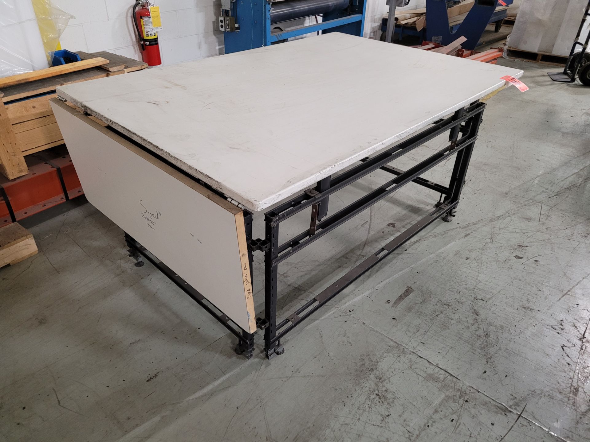 Steel frame worktable w/ composite surface, plywood extension piece - Image 3 of 3