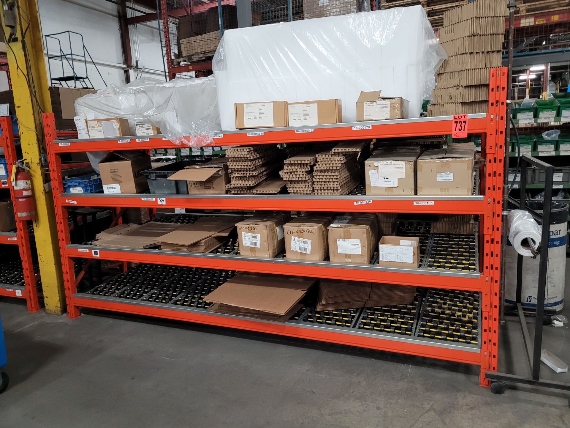 Section of inclined, flow racks, 4-levels, 10' x 6' x 48", (8) beams, (2) uprights