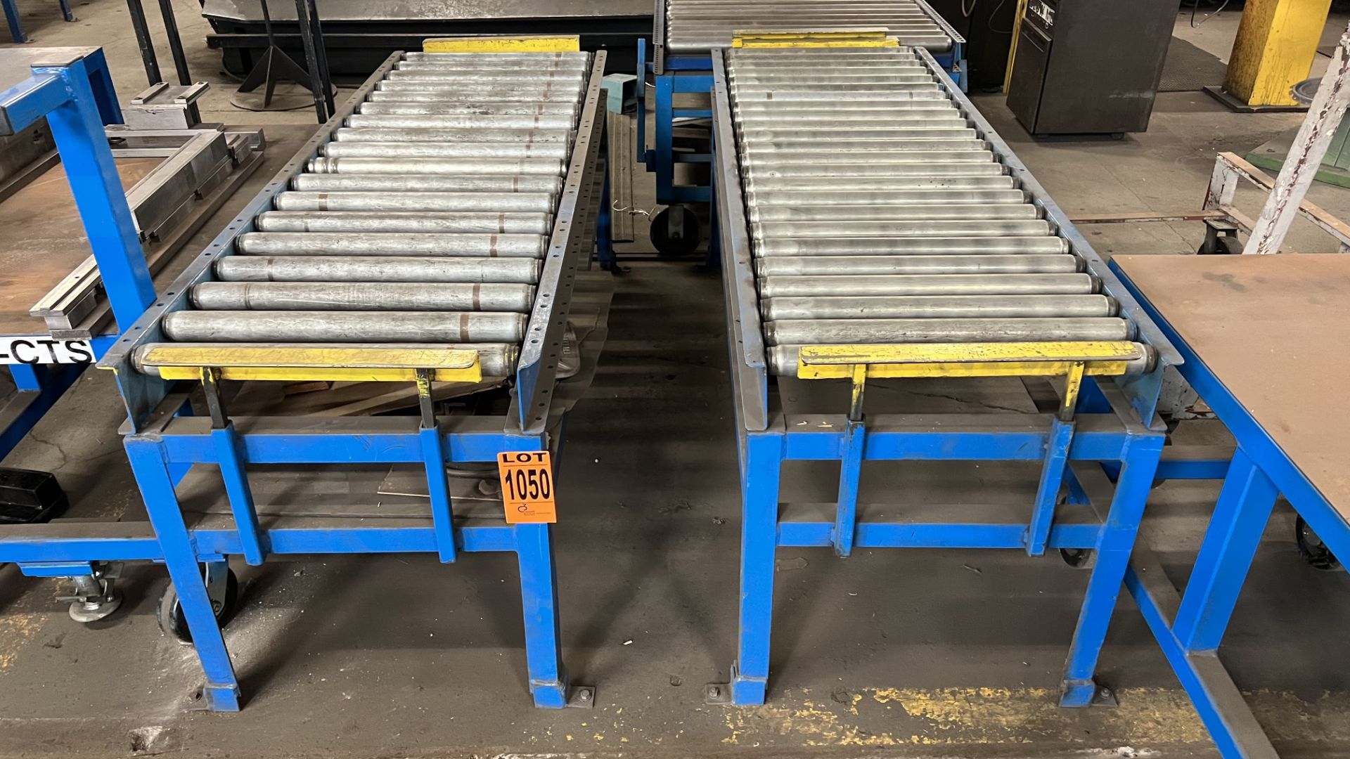 Lot of (3) manual roller conveyors, (2) fixed steel frame units w/ adjustable bumper bars, (1) w/ ra - Image 2 of 2