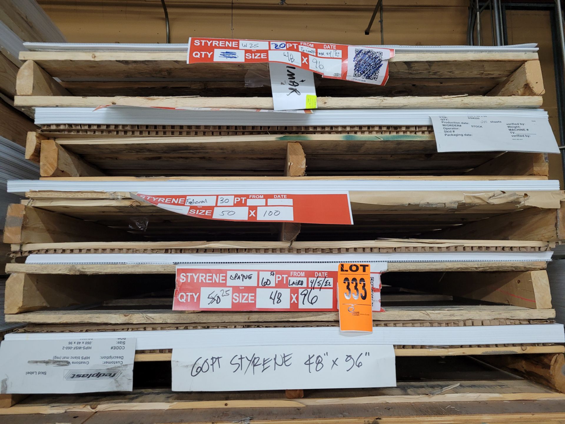 Lot of (5) Pallets of STYRENE Sheets and contents incl. 60pt Styrene 48x96, 25x 60pt 48x96, Styrene