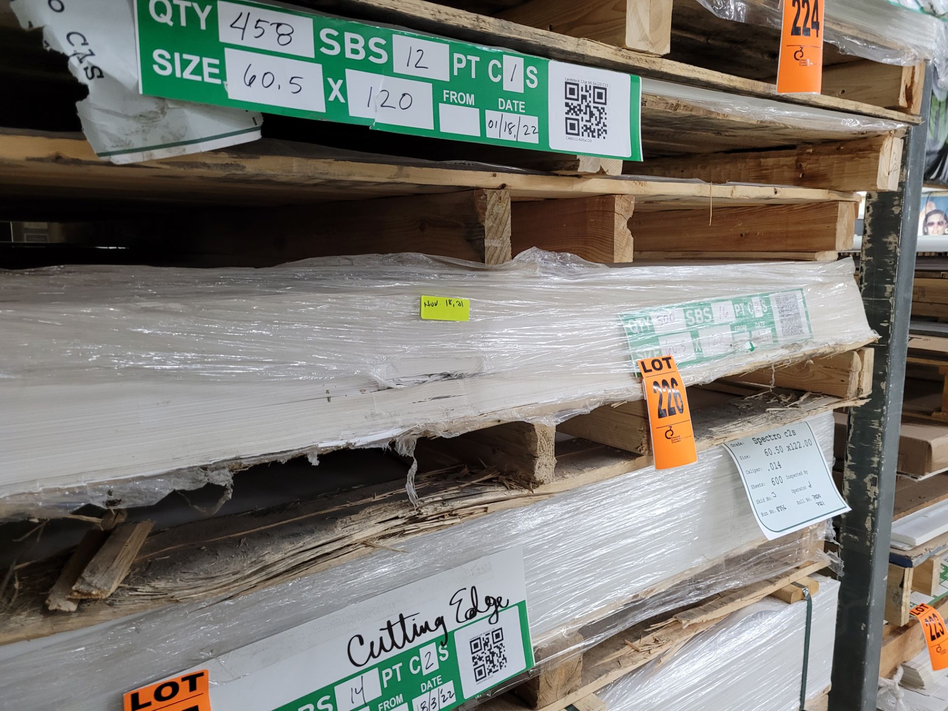 Lot of Sheets, SBS 16pt, C2S, 60.5x122, orig. 500/ct, on pallet (uncounted, see photos)