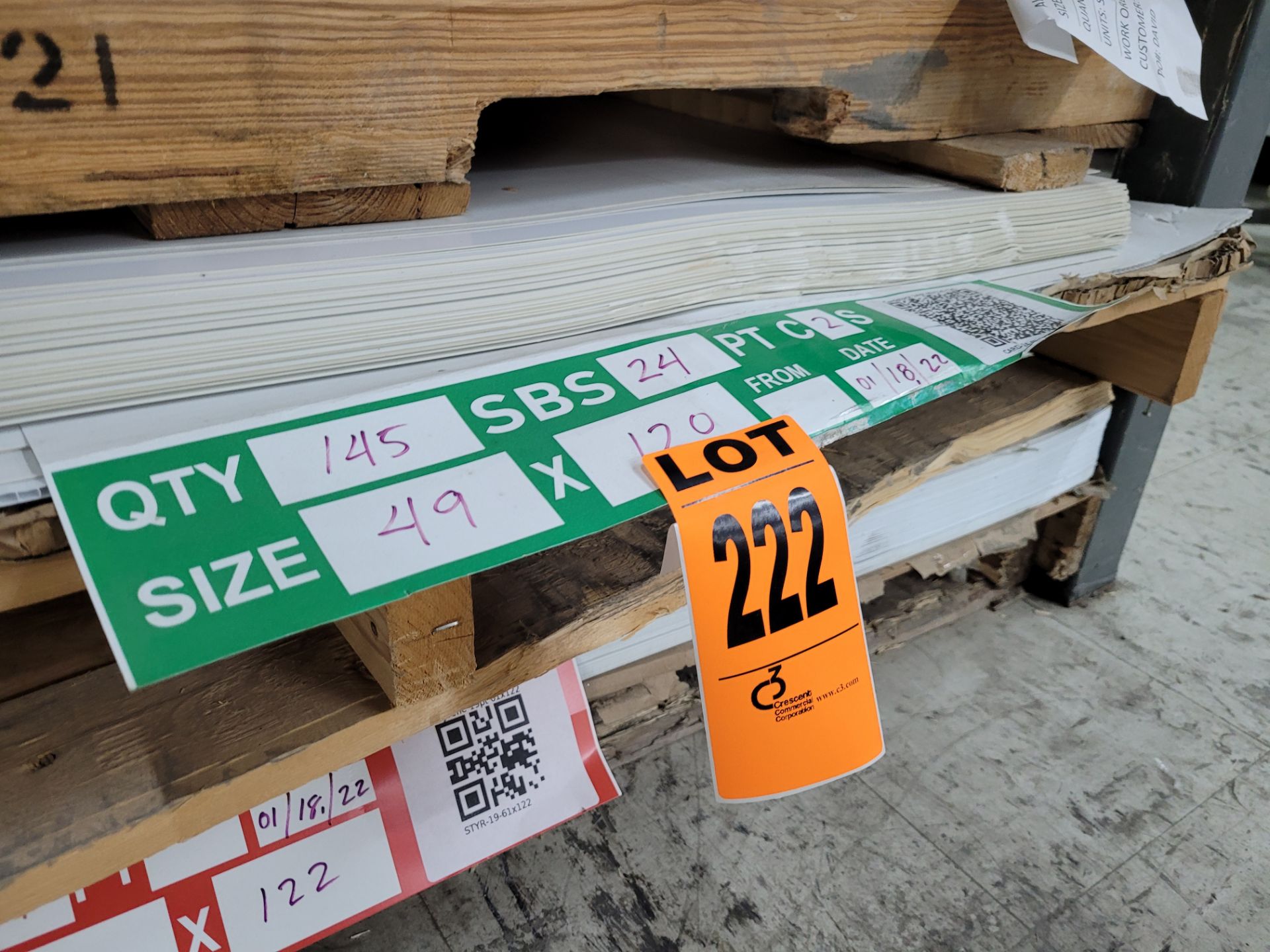 Lot of CARDSTOCK Sheets, 24pt, C2S, 49x120, orig. 145/ct, on pallet (uncounted, see photos)