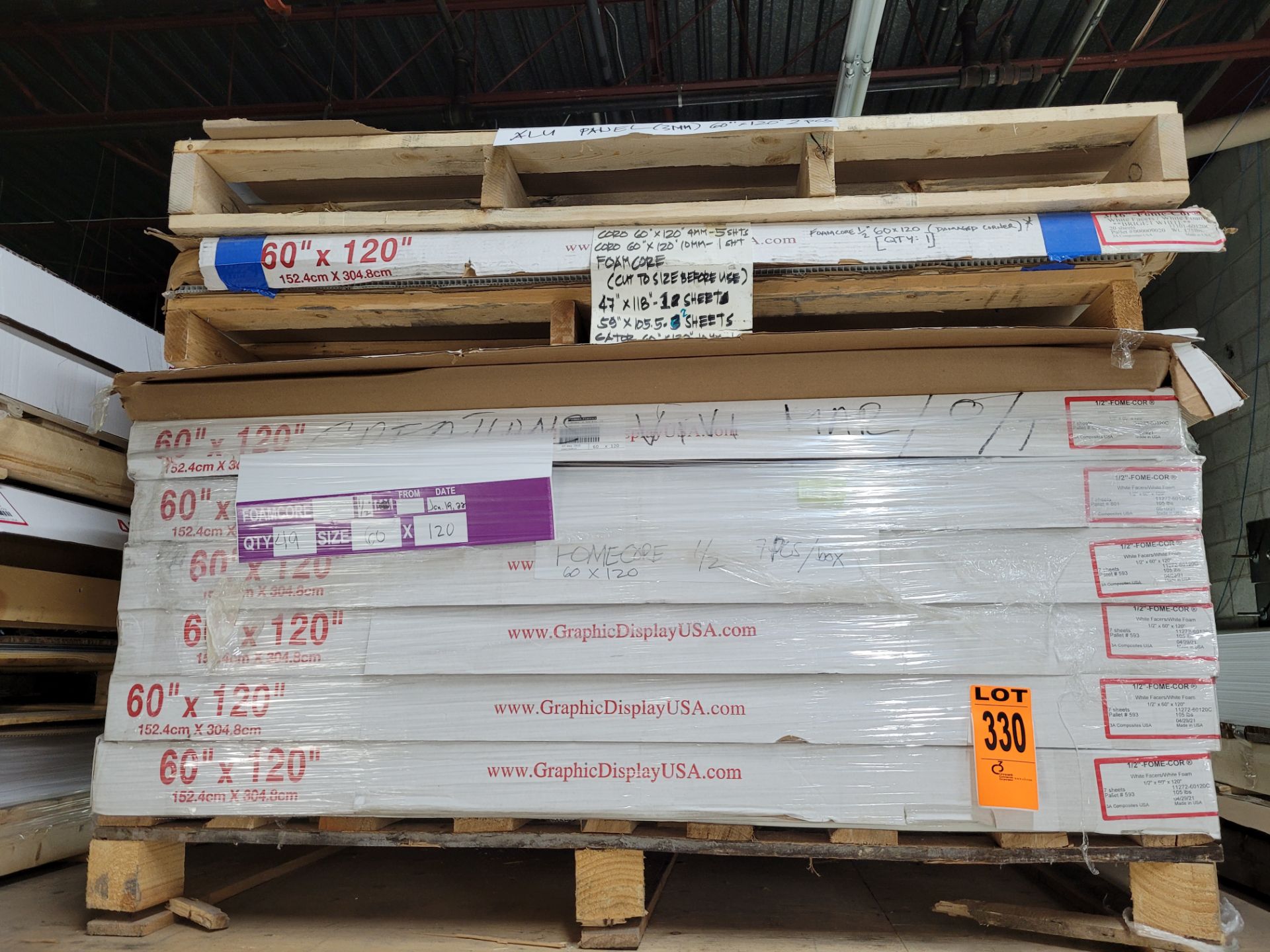 Lot of (6) Cases of (7) 60" x 120" FOAMCORE Sheets, packing slip reads ' 1/2"-DOME-COR, WhiteFacers/