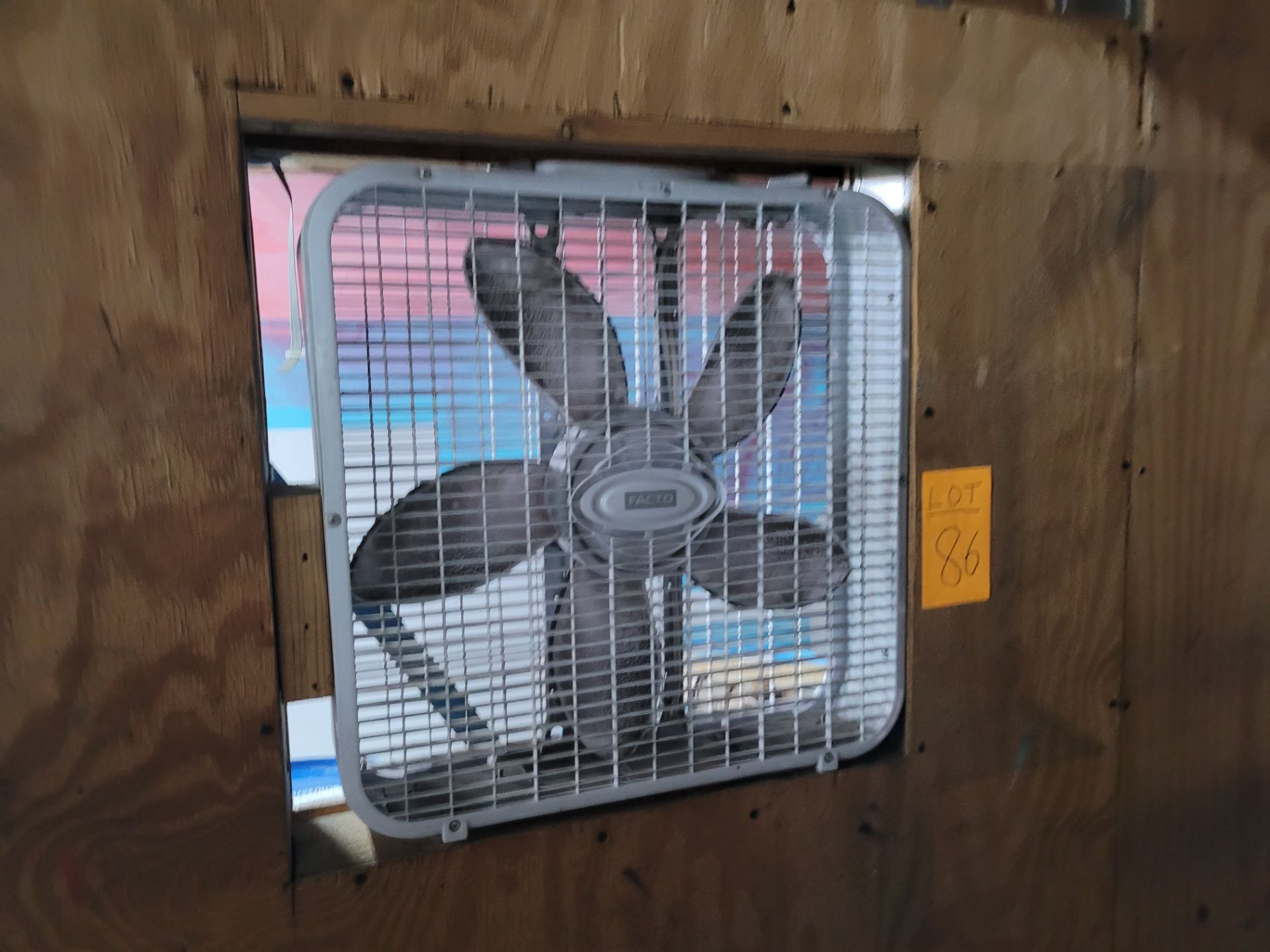 Lot of (4) FACTO 20" Square Fans and aluminum/wood frame and panel - Image 2 of 7