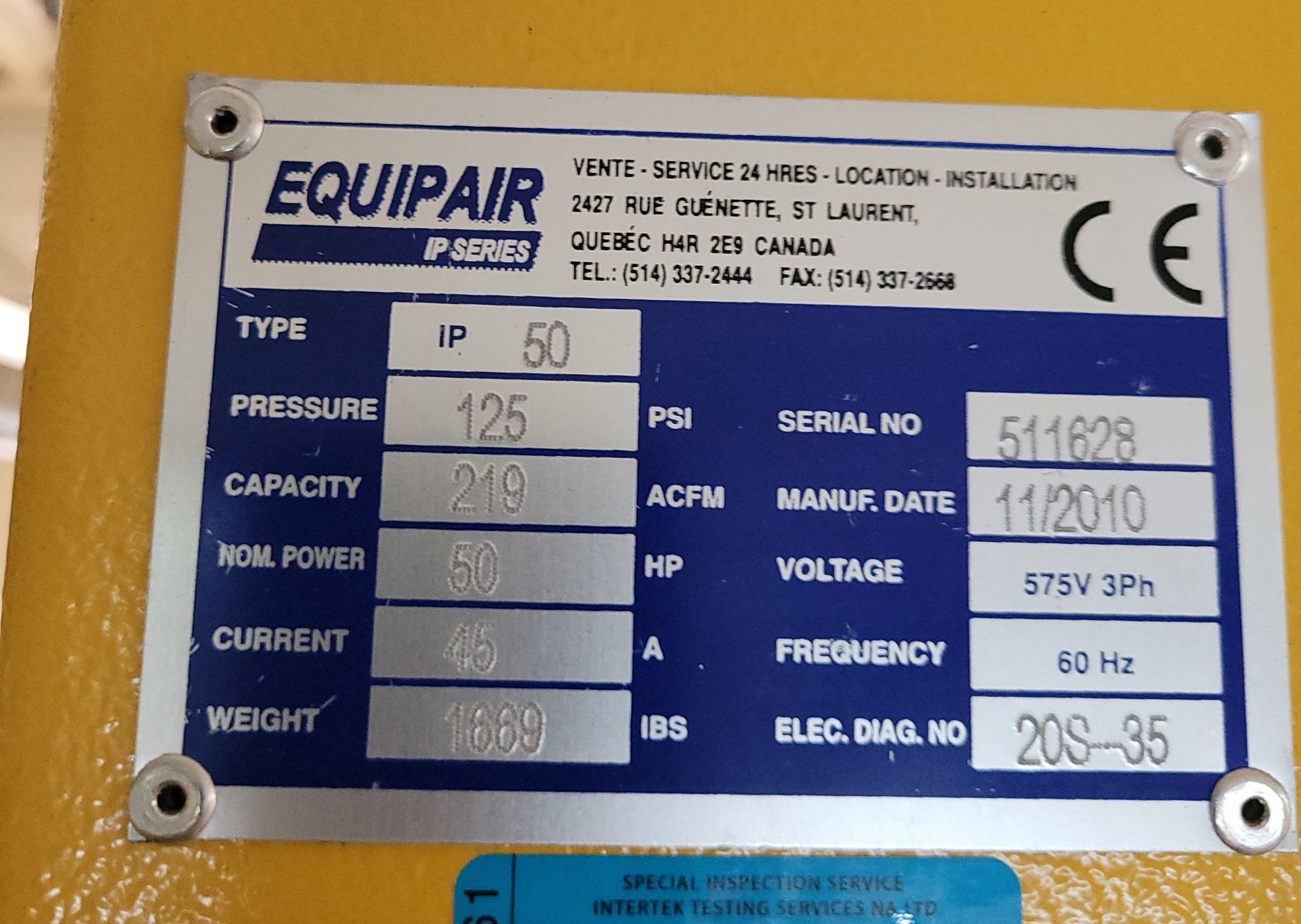 50HP EQUIPAIR IP Series Air Compressor mod. IP50 w/ LOGIK 25-S Digital Dispay, on steel frame, 125ps - Image 7 of 8