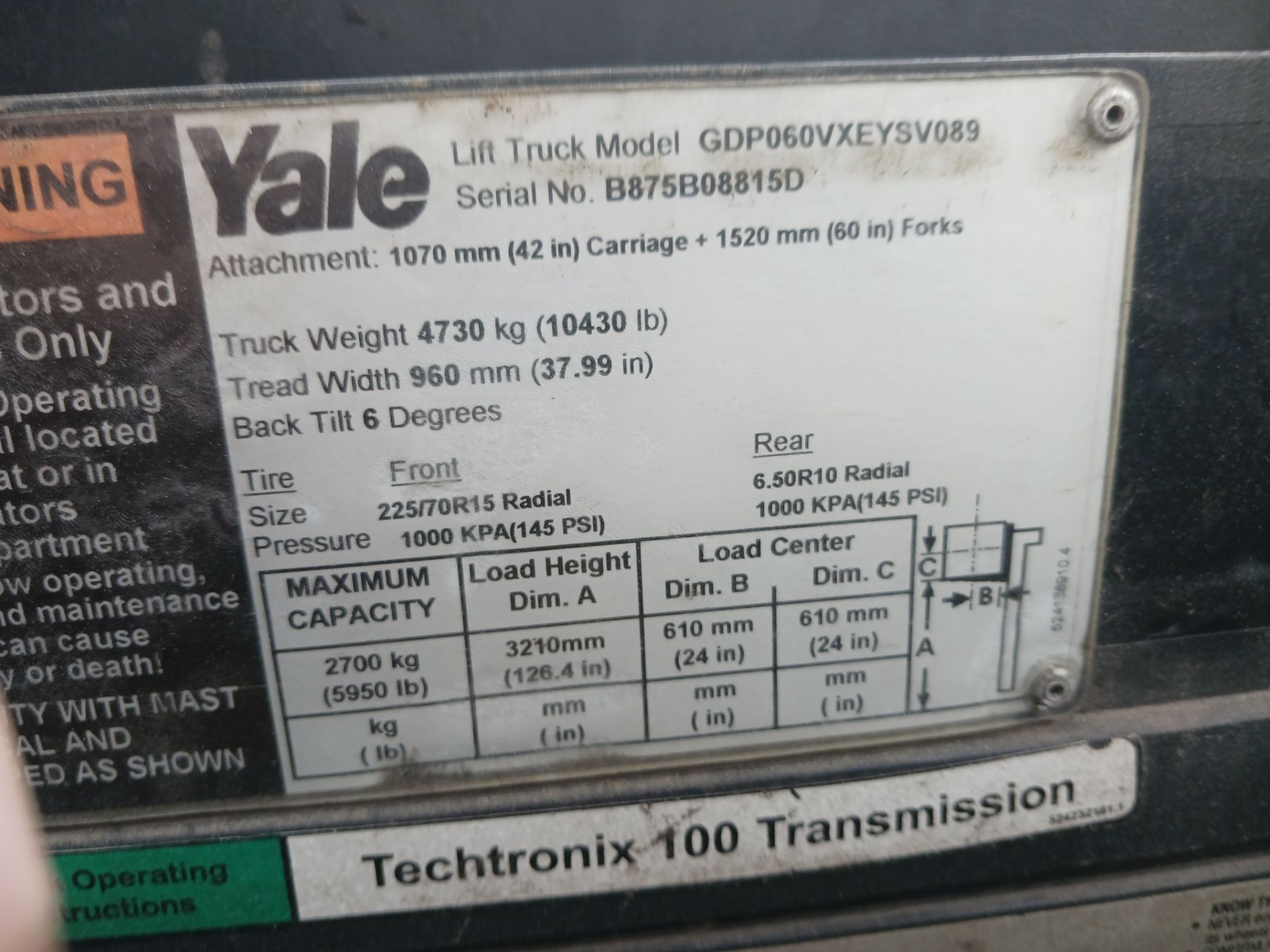 Yale GDP060VX 6,000lb Forklift - Image 13 of 13