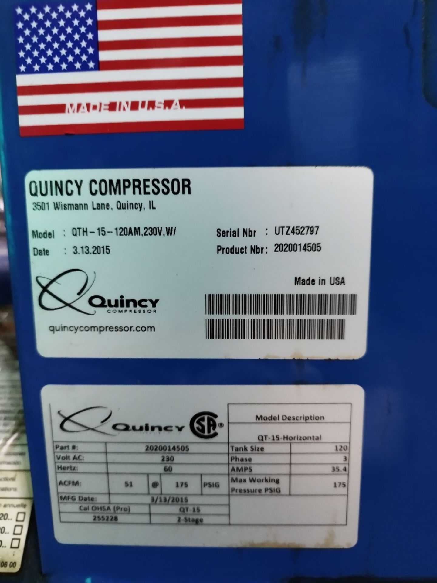 Quincy Air Compressor (SMW2) - Columbia, PA - Image 3 of 3