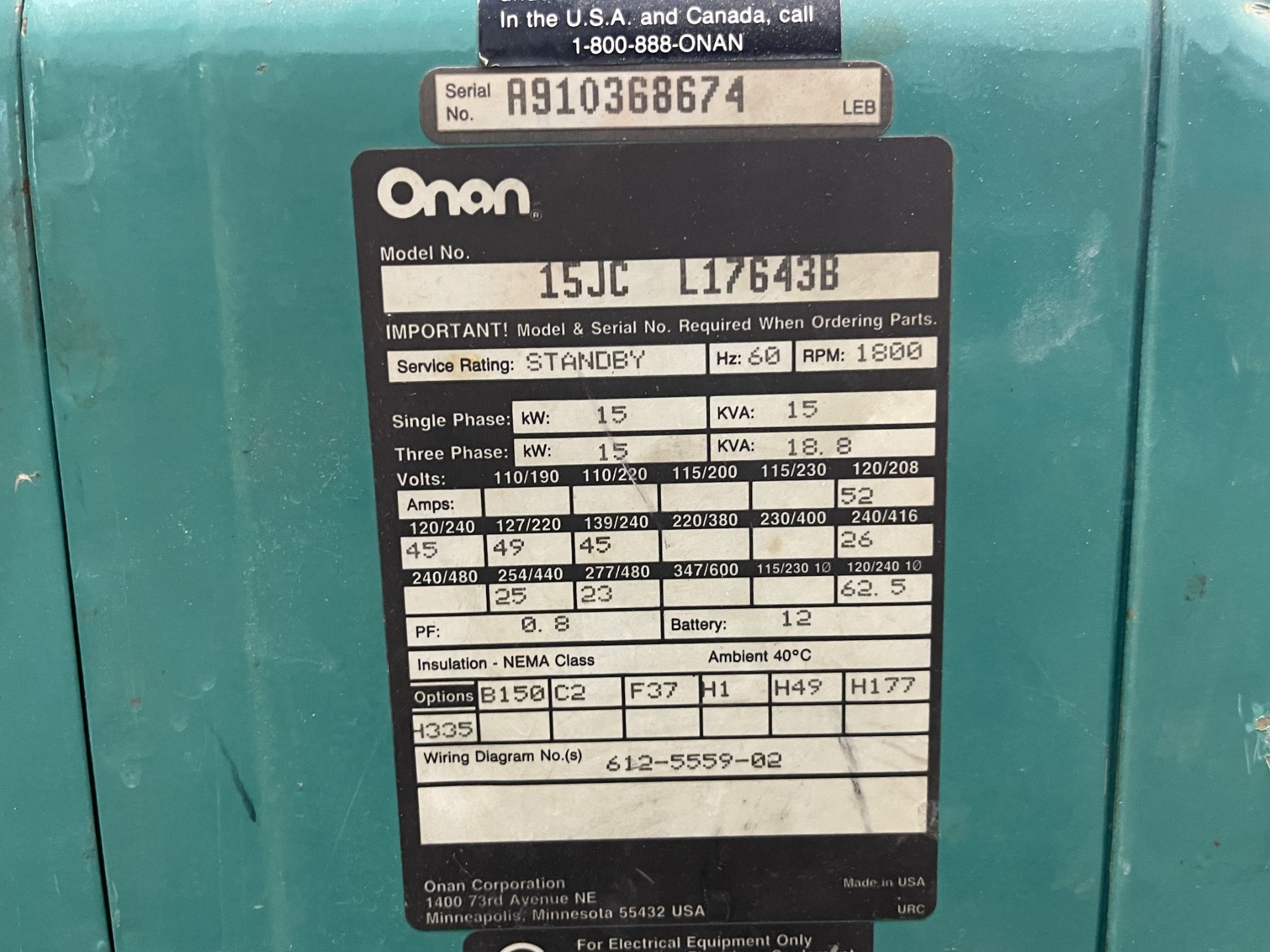 Onan 15JC L17643B Motor (DR214) - Image 7 of 8