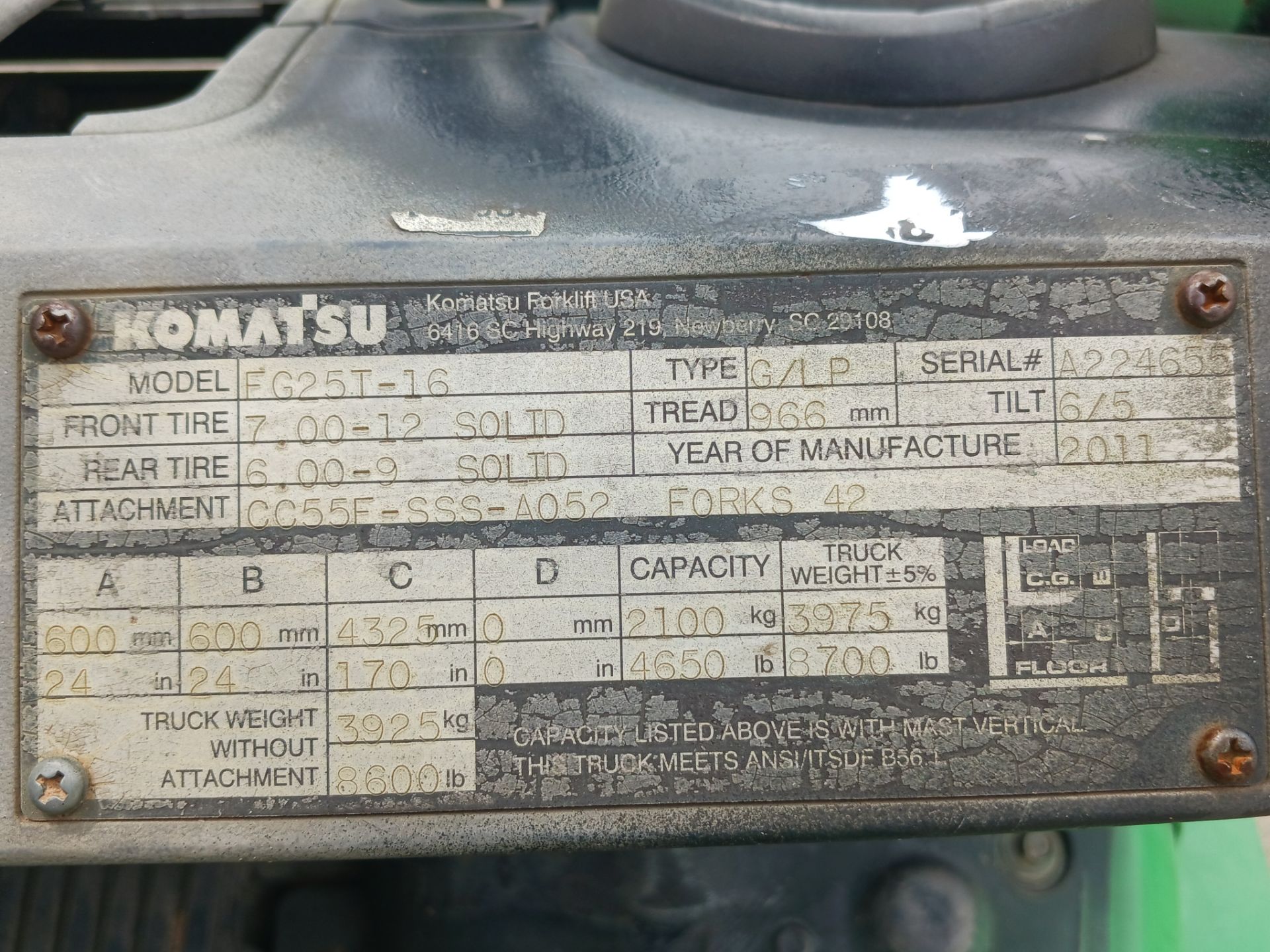 2011 Komatsu FG25T-16 5,000lb Forklift - Image 11 of 11