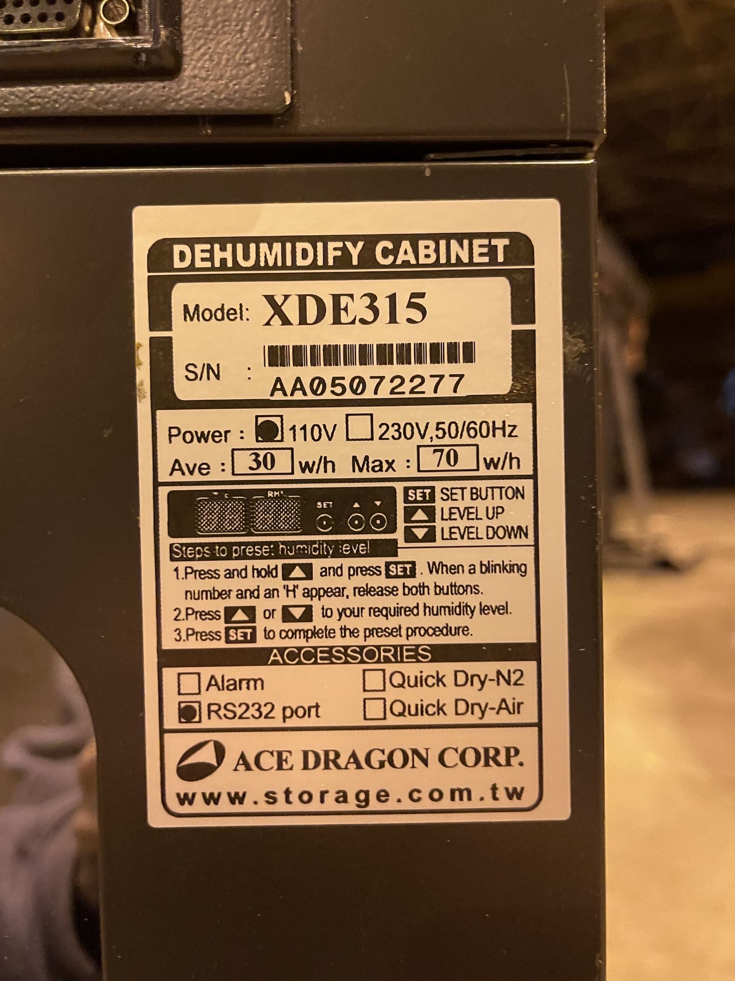 Dehumidify Cabinet XDE315 (ETW99) - Image 4 of 13