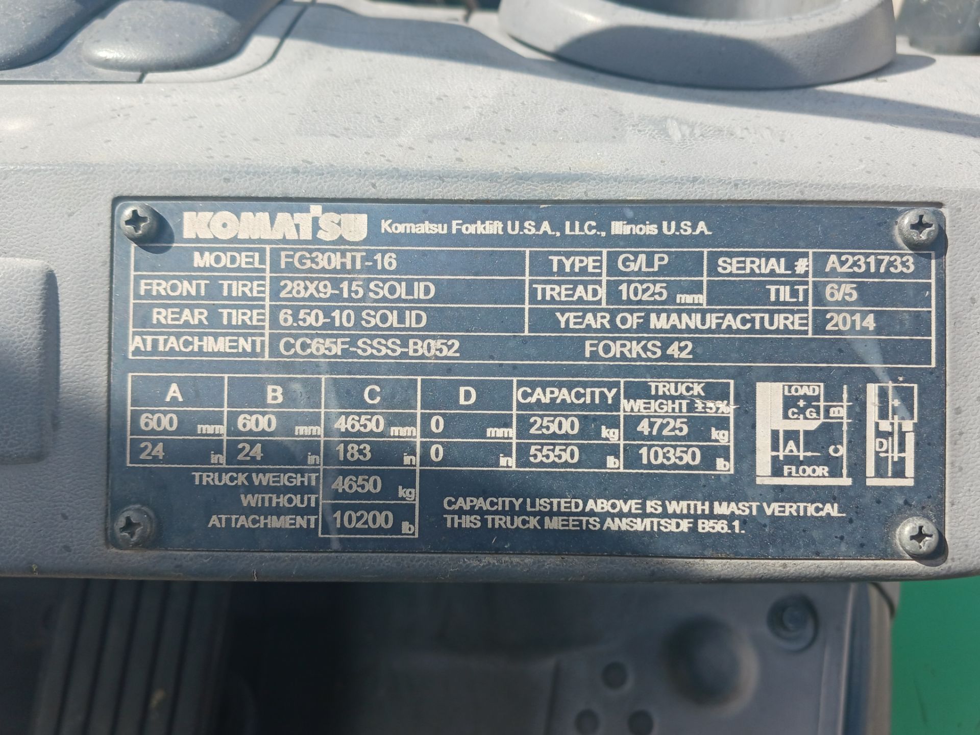 2014 KOMATSU FG30HT-16 6,000lb Forklift - Image 19 of 19